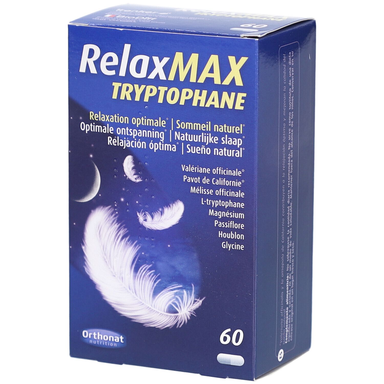 Boîte bleue 'RelaxMAX Tryptophane' et 'Orthonat Nutrition'. Contient 60 gélules. Design plume et lune.