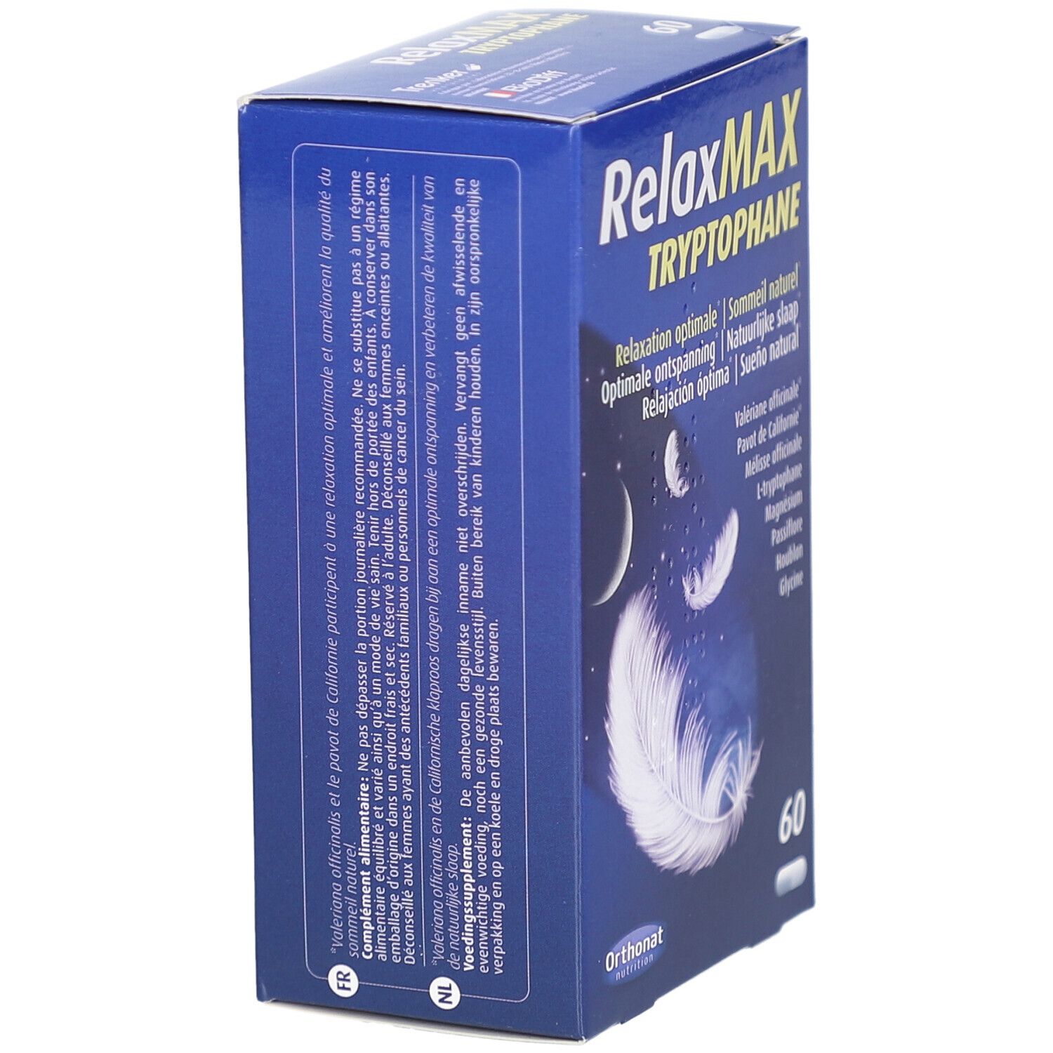 Boîte bleue 'RelaxMAX Tryptophane' avec texte multilingue. Logo 'Orthonat Nutrition'. 60 gélules.