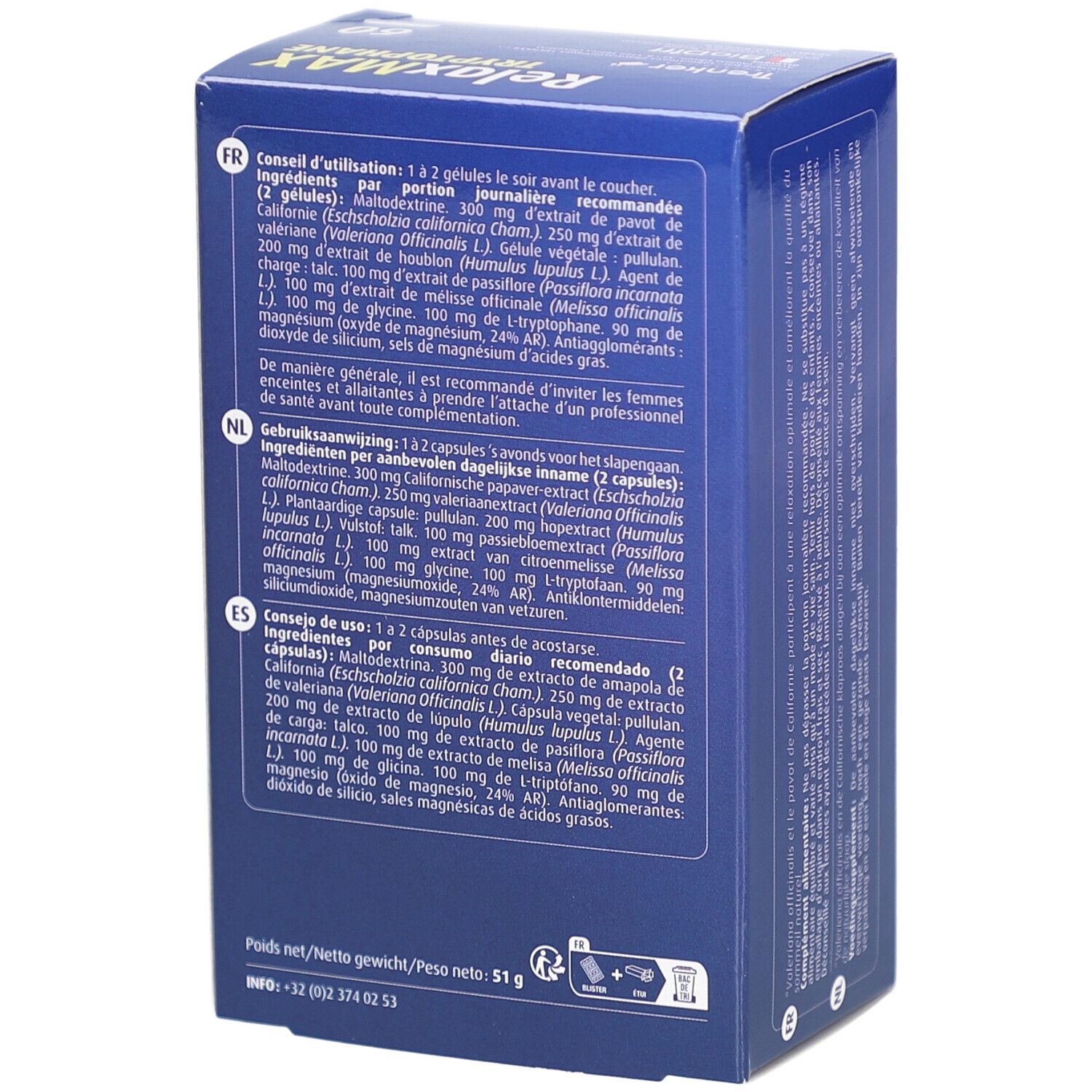 Dos de la boîte bleue 'RelaxMAX Tryptophane'. Texte multilingue. Ingrédients et dosage.