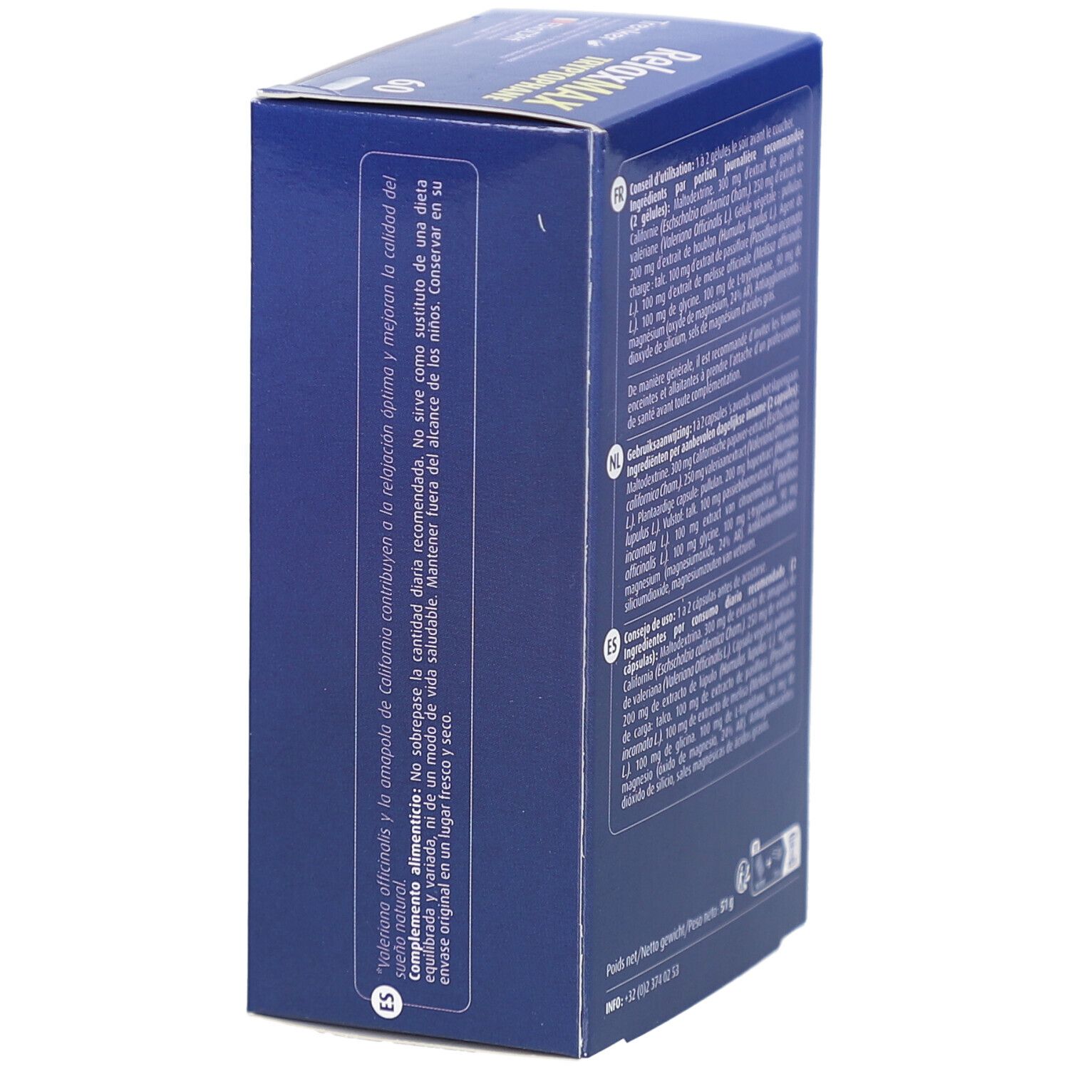 Boîte bleue 'RelaxMAX Tryptophane'. Texte multilingue. Ingrédients et conseils.