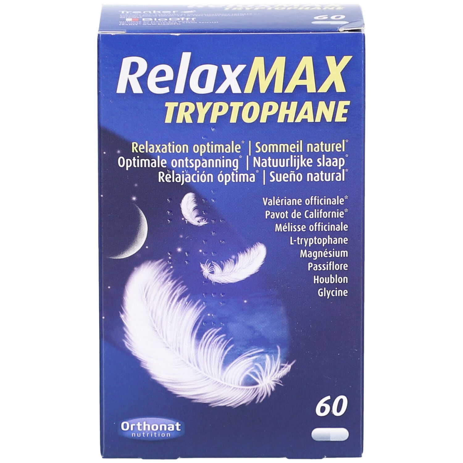 Boîte bleue 'RelaxMAX Tryptophane' avec 60 gélules. Design plume et lune. Logo 'Orthonat Nutrition'.
