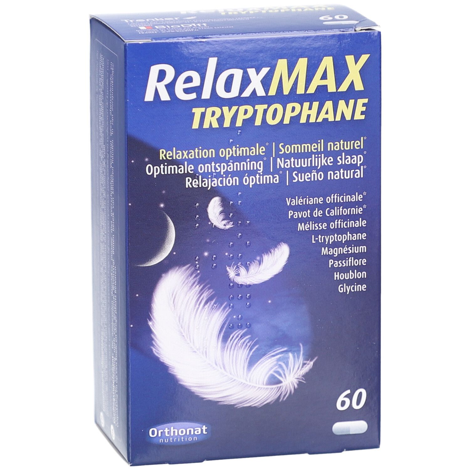 Boîte bleue 'RelaxMAX Tryptophane' avec 60 gélules. Design plume et lune. Logo 'Orthonat Nutrition'.