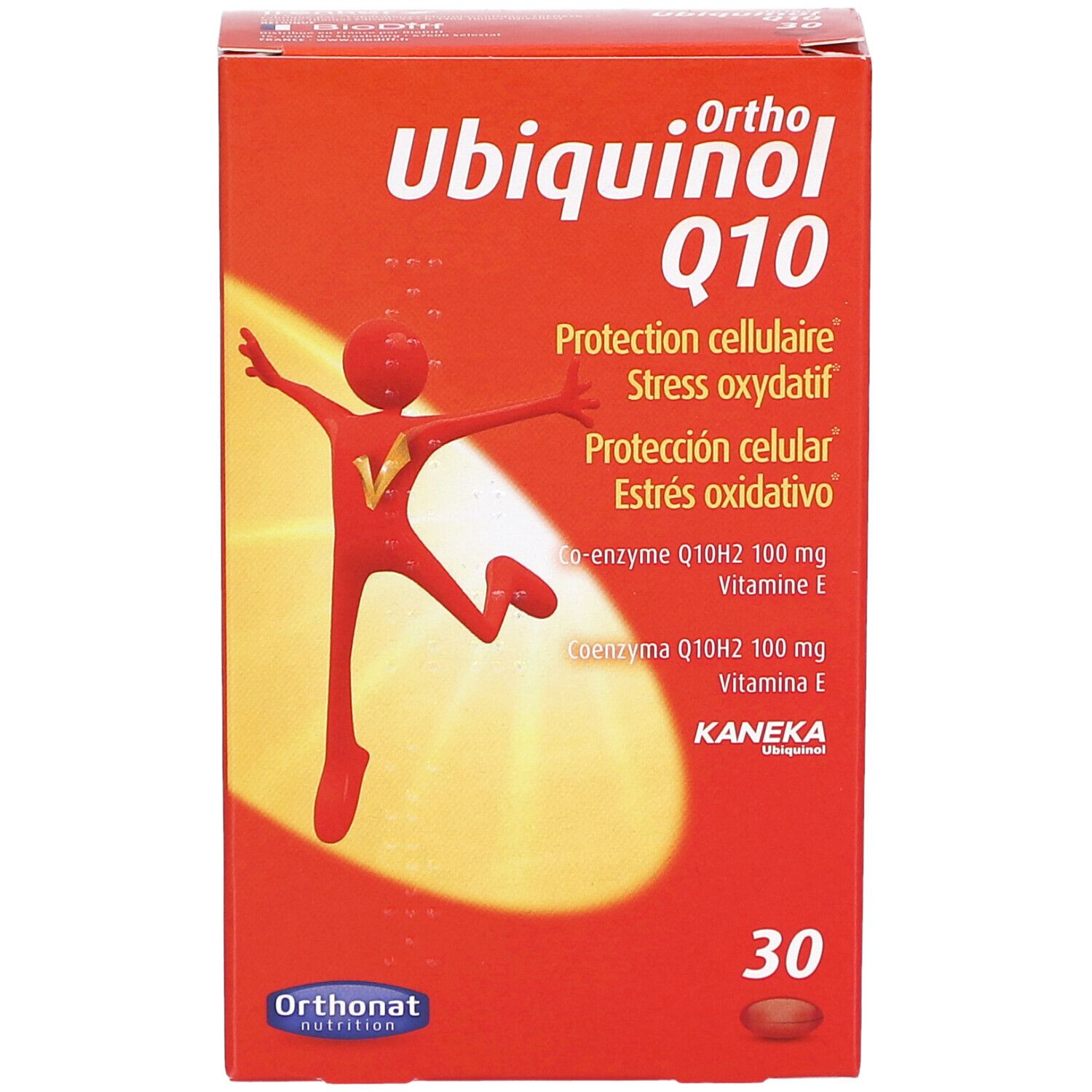Boîte rouge Ubiquinol Q10. Contient 30 gélules. Logo Orthonat Nutrition. Vue de face.