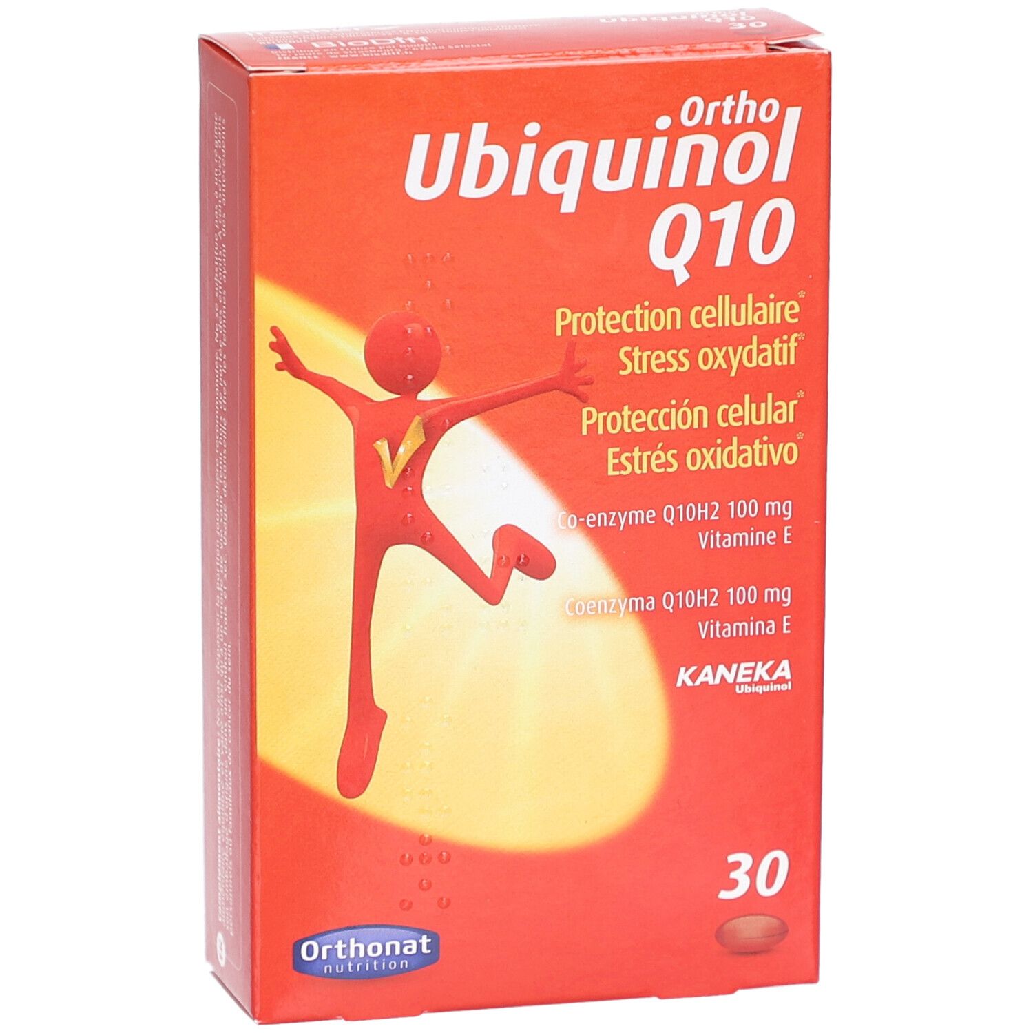Boîte rouge Ubiquinol Q10. Contient 30 gélules. Logo Orthonat Nutrition. Vue de face.