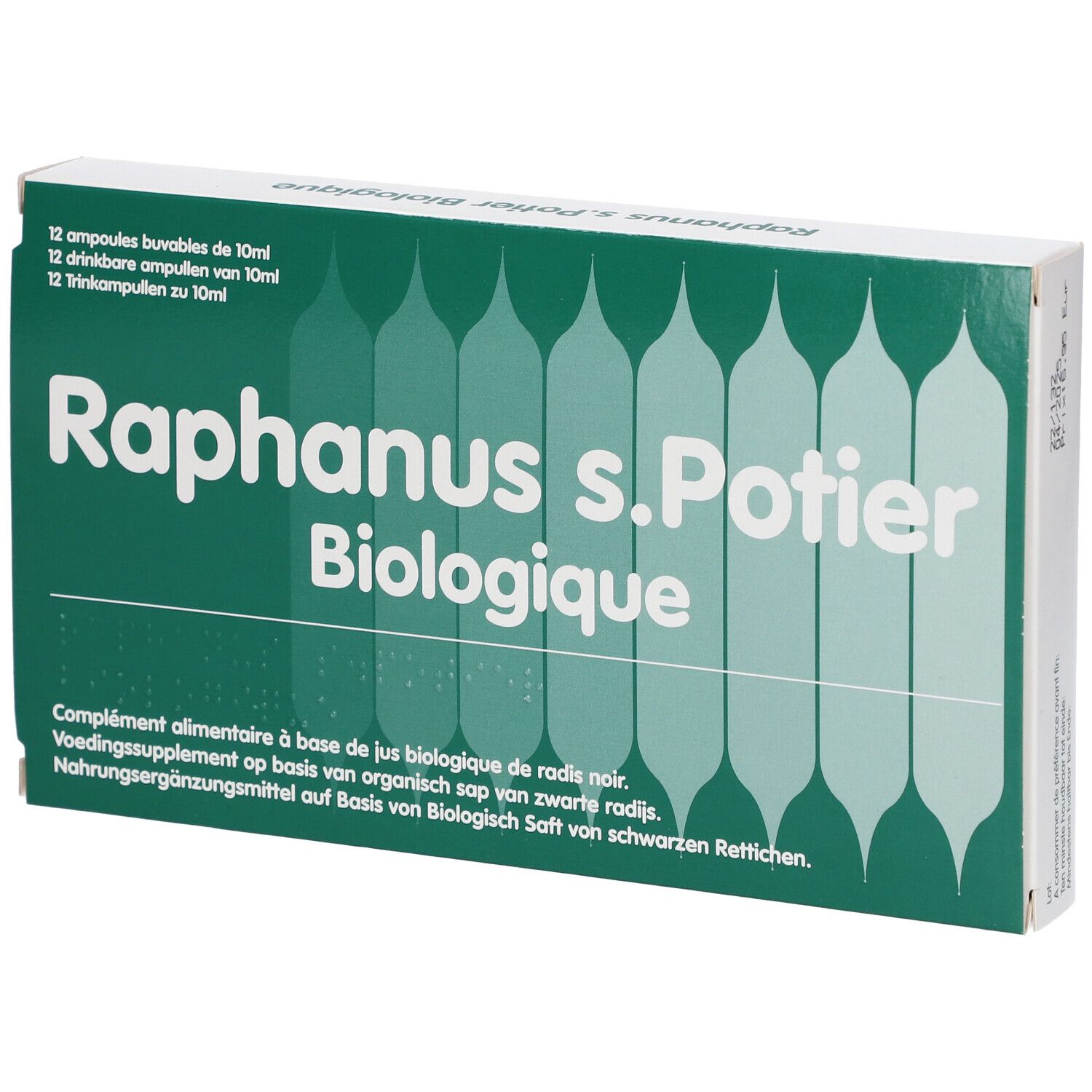 Boîte de 12 ampoules buvables Raphanus s.Potier Biologique. Emballage vert et blanc avec nom et logo.