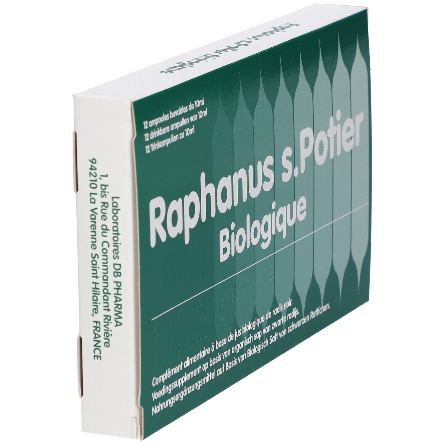 Boîte Raphanus s.Potier Biologique. Emballage vert et blanc avec nom du produit. Vue latérale.