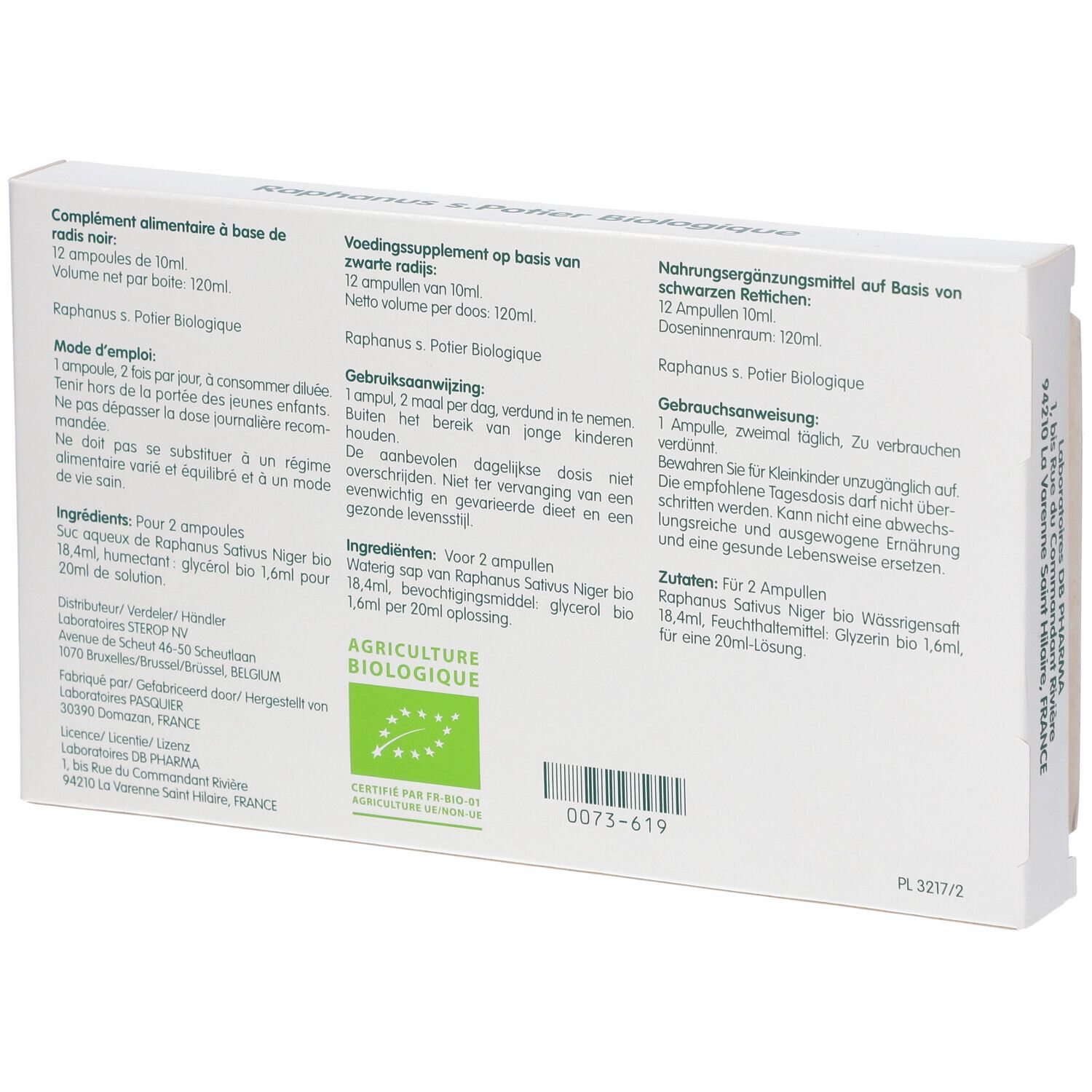 Dos de la boîte Raphanus s.Potier Biologique. Texte multilingue, dont allemand et français. Label bio.