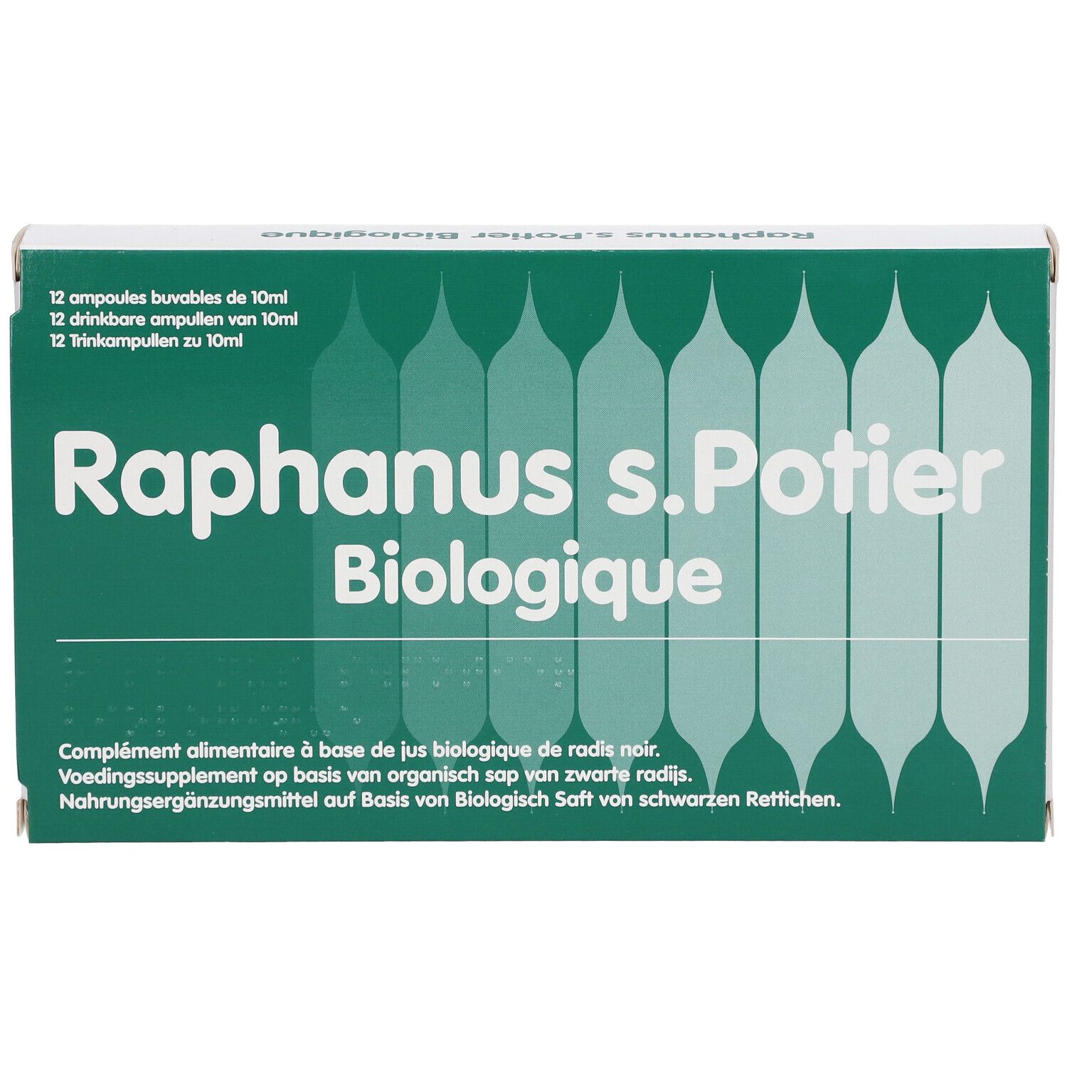 Boîte Raphanus s.Potier Biologique. Emballage vert et blanc avec nom et logo. Vue de dessus.