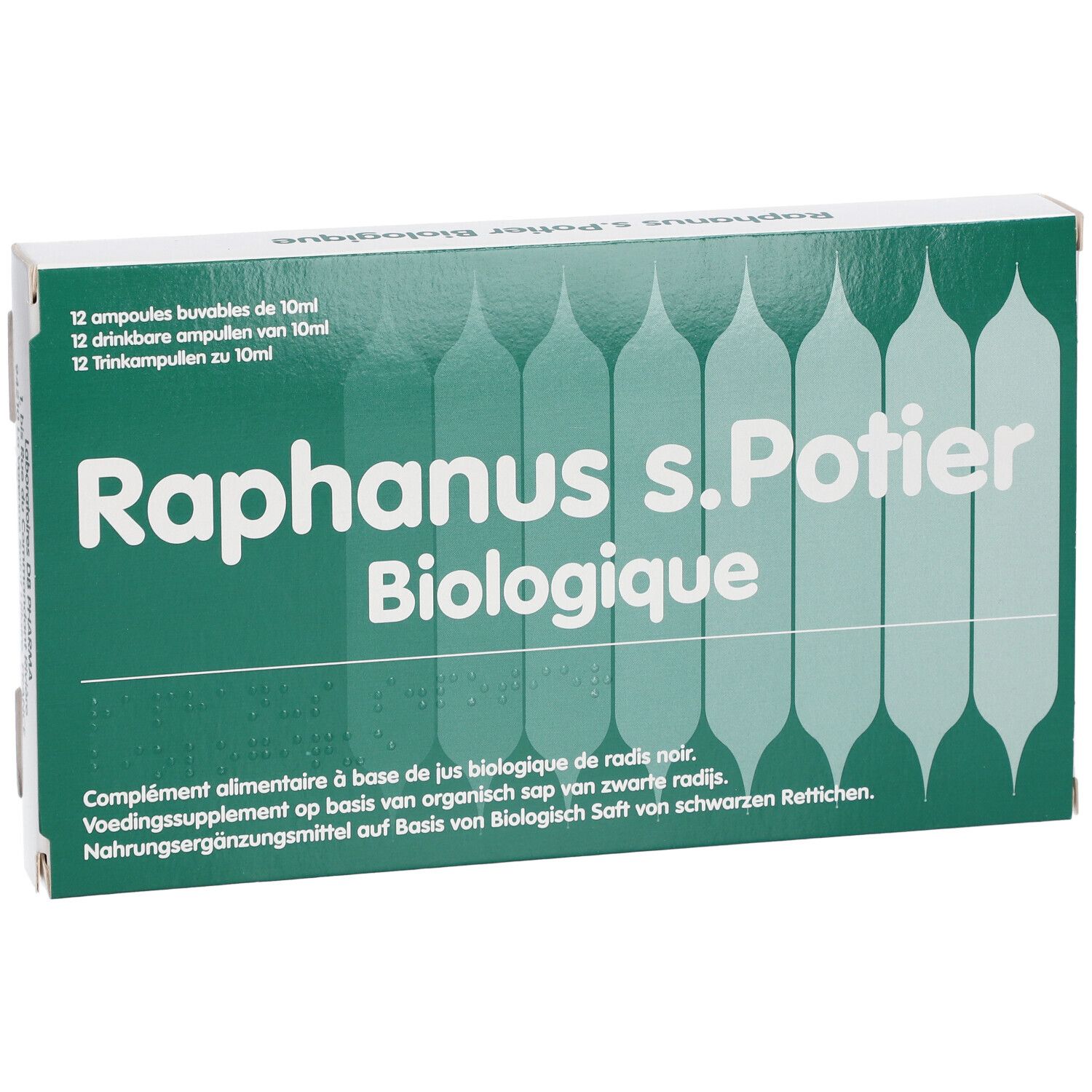 Boîte Raphanus s.Potier Biologique. Emballage vert et blanc avec nom et logo. Vue de dessus.