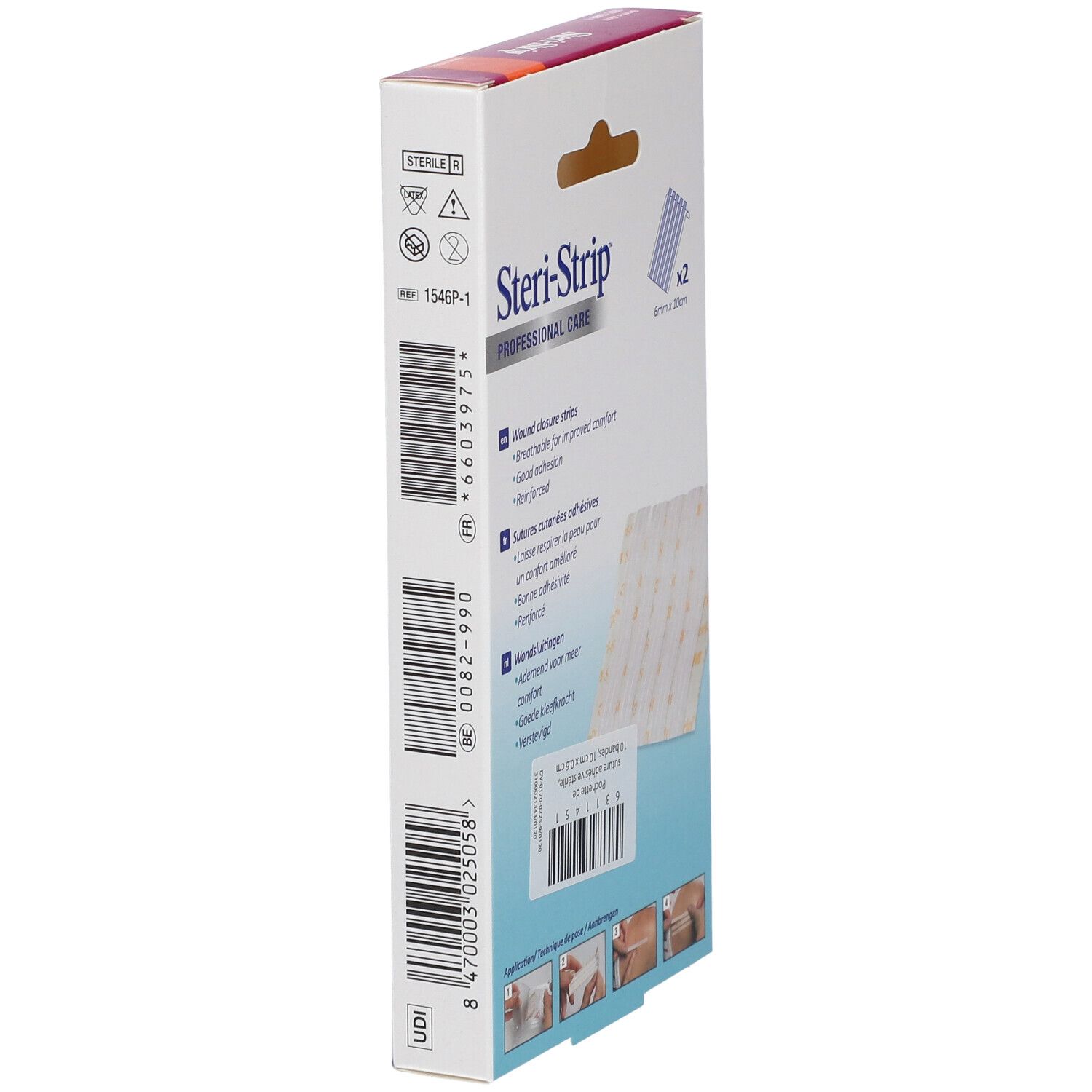 Dos de la boîte 3M Steri-Strip. Bandes de fermeture de plaies. Informations produit et exemples d'application.