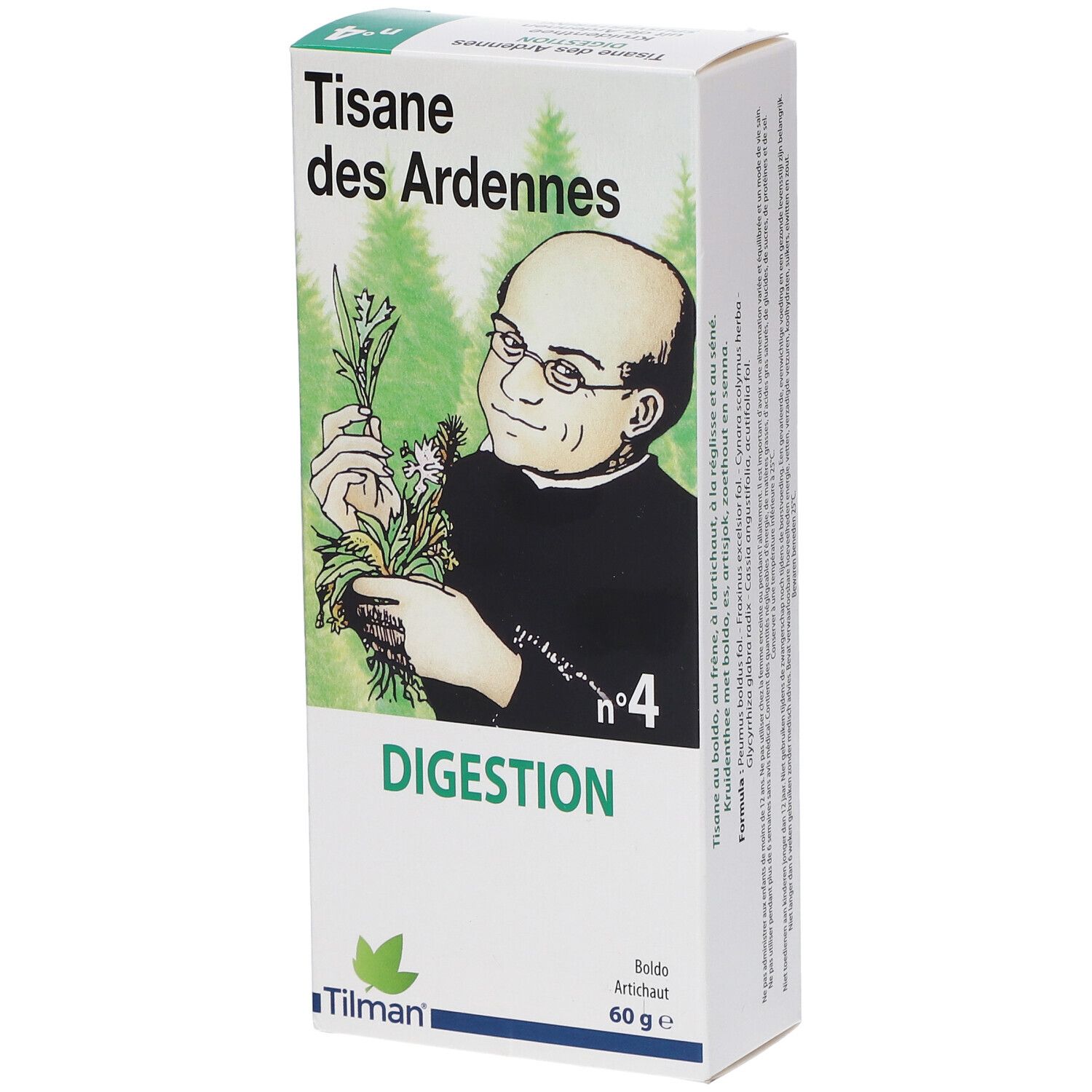 Boîte de tisane. Inscription: Tisane des Ardennes, Digestion, n°4. Illustration d'un homme avec des herbes. Marque: Tilman.