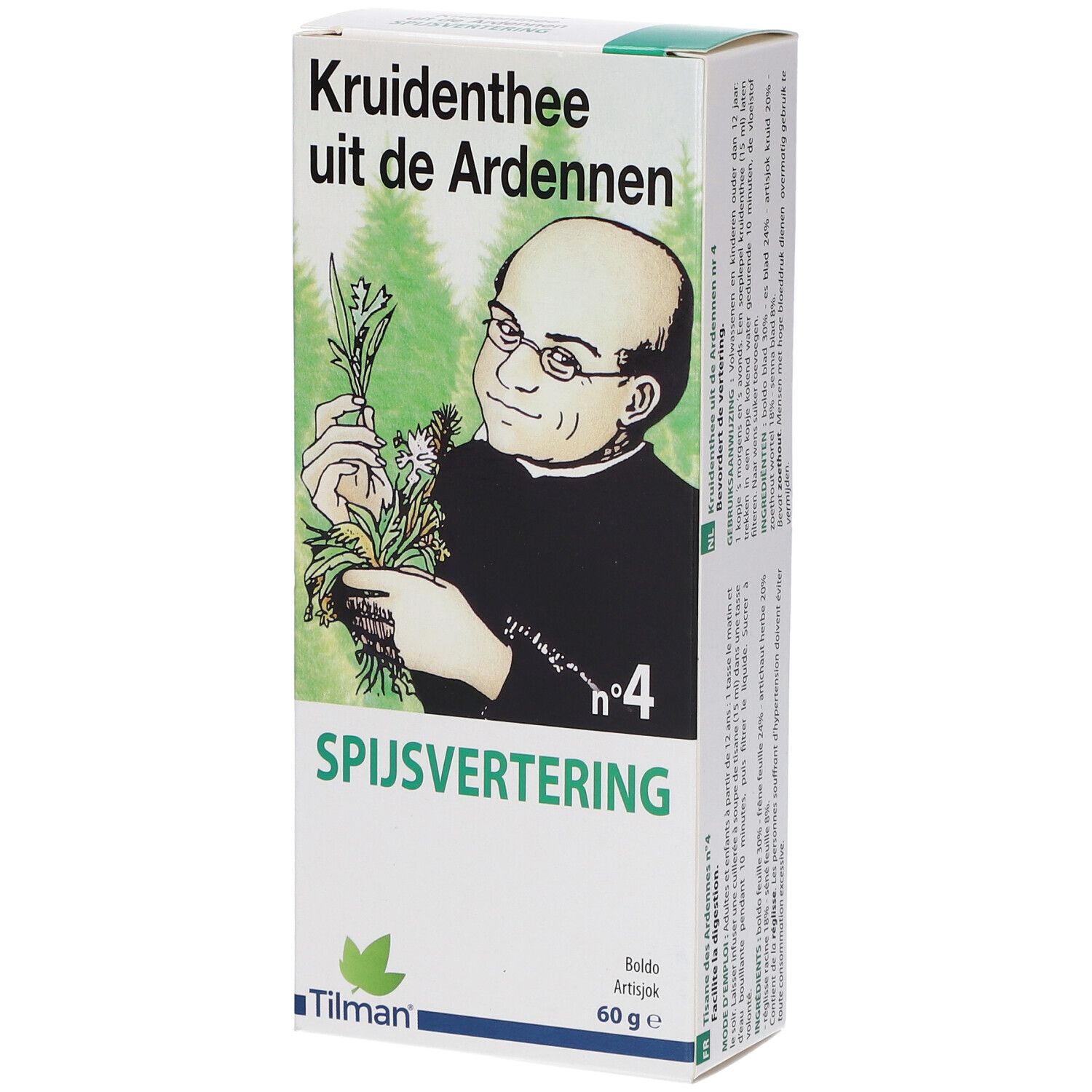 Boîte de tisane. Inscription: Kruidenthee uit de Ardennen, Spijsvertering, n°4. Illustration d'un homme avec des herbes. Marque: Tilman.