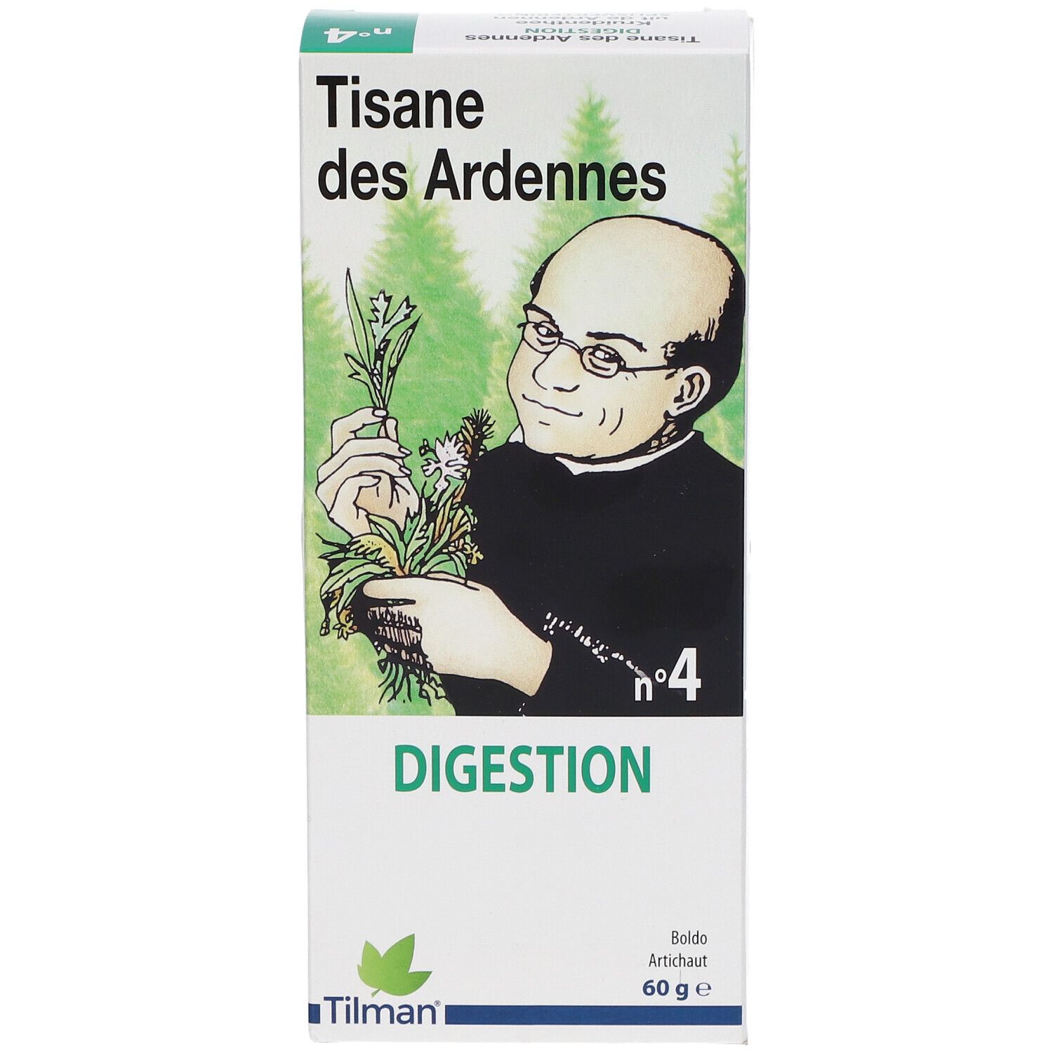 Boîte de tisane. Inscription: Tisane des Ardennes, Digestion, n°4. Illustration d'un homme avec des herbes. Marque: Tilman.