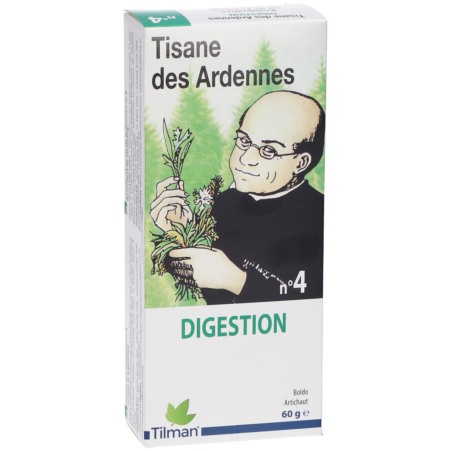 Boîte de tisane. Inscription: Tisane des Ardennes, Digestion, n°4. Illustration d'un homme avec des herbes. Marque: Tilman.