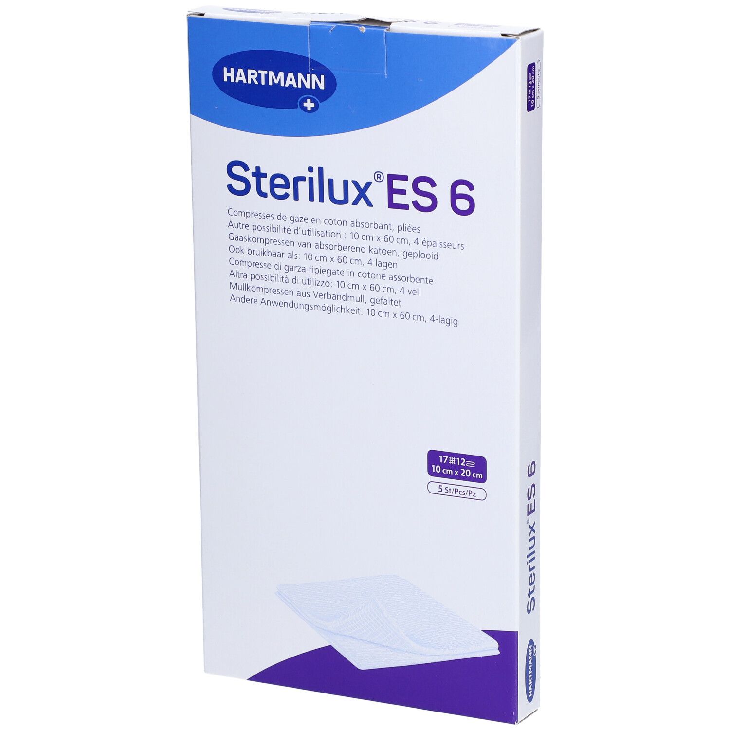 Boîte de Sterilux ES 6. Contient 12 compresses, 10cm x 20cm. Logo Hartmann. Nom et détails du produit sur l'emballage.