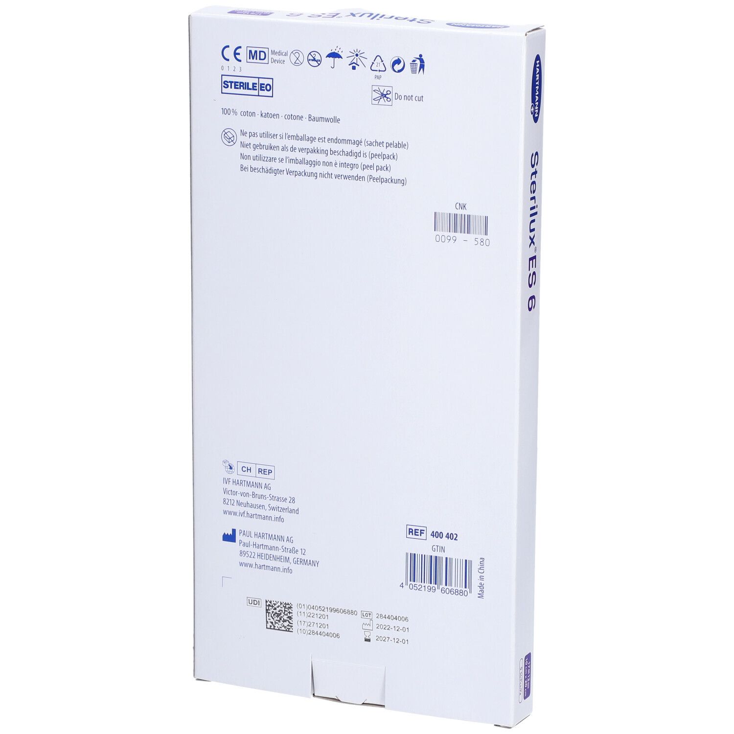 Dos de la boîte Sterilux ES 6. Contient des informations telles que l'adresse du fabricant, le numéro de lot et les certifications.