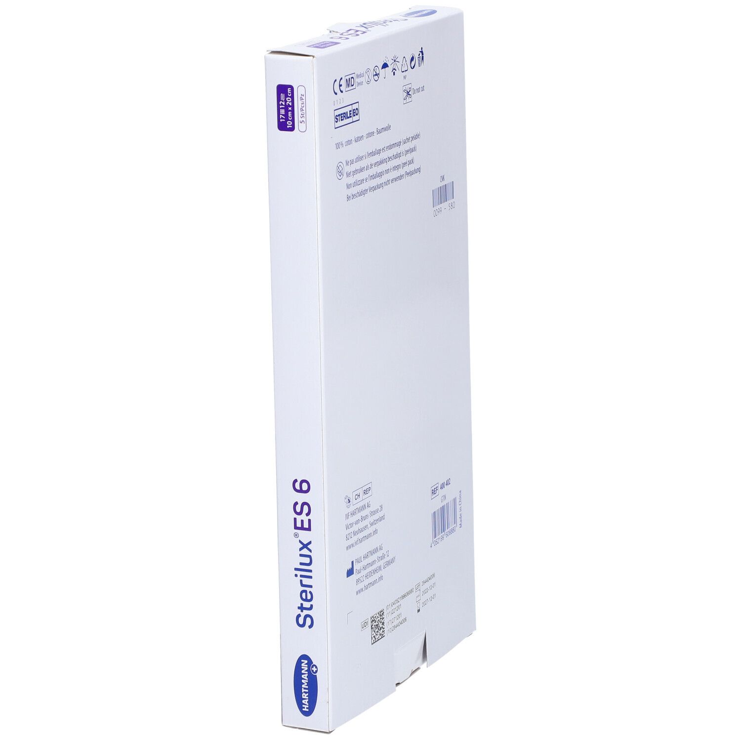 Boîte de Sterilux ES 6 en biais. Logo Hartmann. Nom et détails du produit sur l'emballage. Contient des informations et certifications.