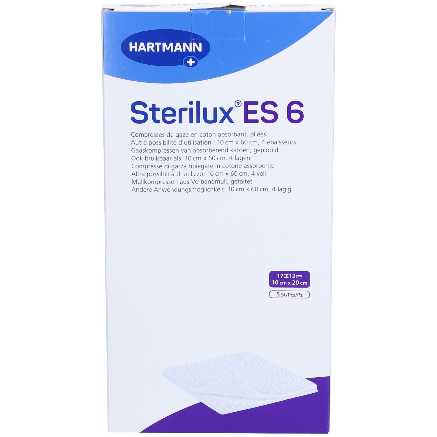 Boîte de Sterilux ES 6. Contient 12 compresses, 10cm x 20cm. Logo Hartmann. Nom et détails du produit sur l'emballage.