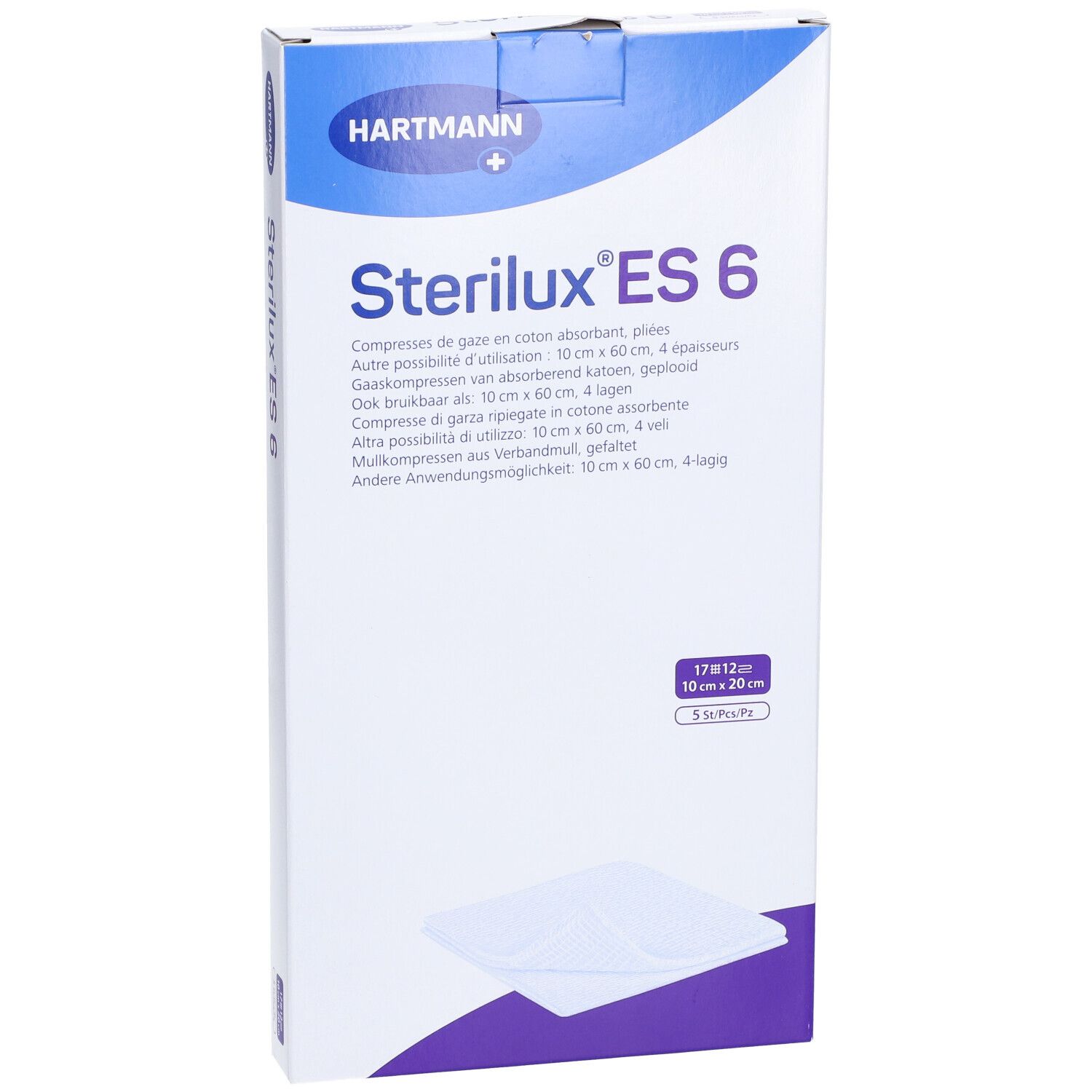 Boîte de Sterilux ES 6. Contient 12 compresses, 10cm x 20cm. Logo Hartmann. Nom et détails du produit sur l'emballage.