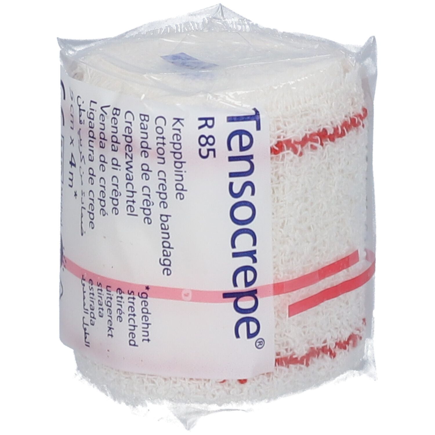 Bande de crêpe blanche roulée, rayures rouges. Inscription: Tensocrepe, R85. Emballée dans du plastique.