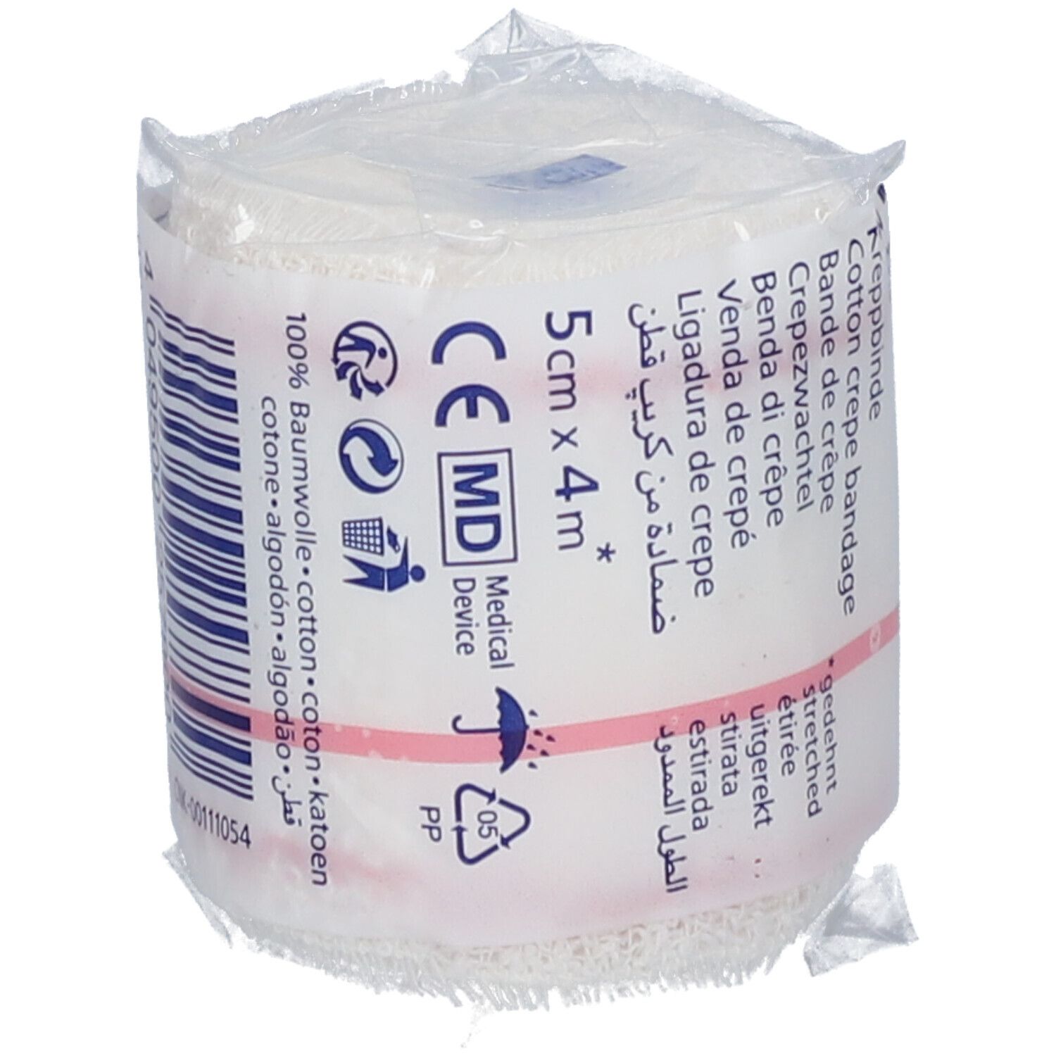 Bande de crêpe blanche roulée. Inscription: 5cm x 4m. Marquage CE. Emballée dans du plastique.