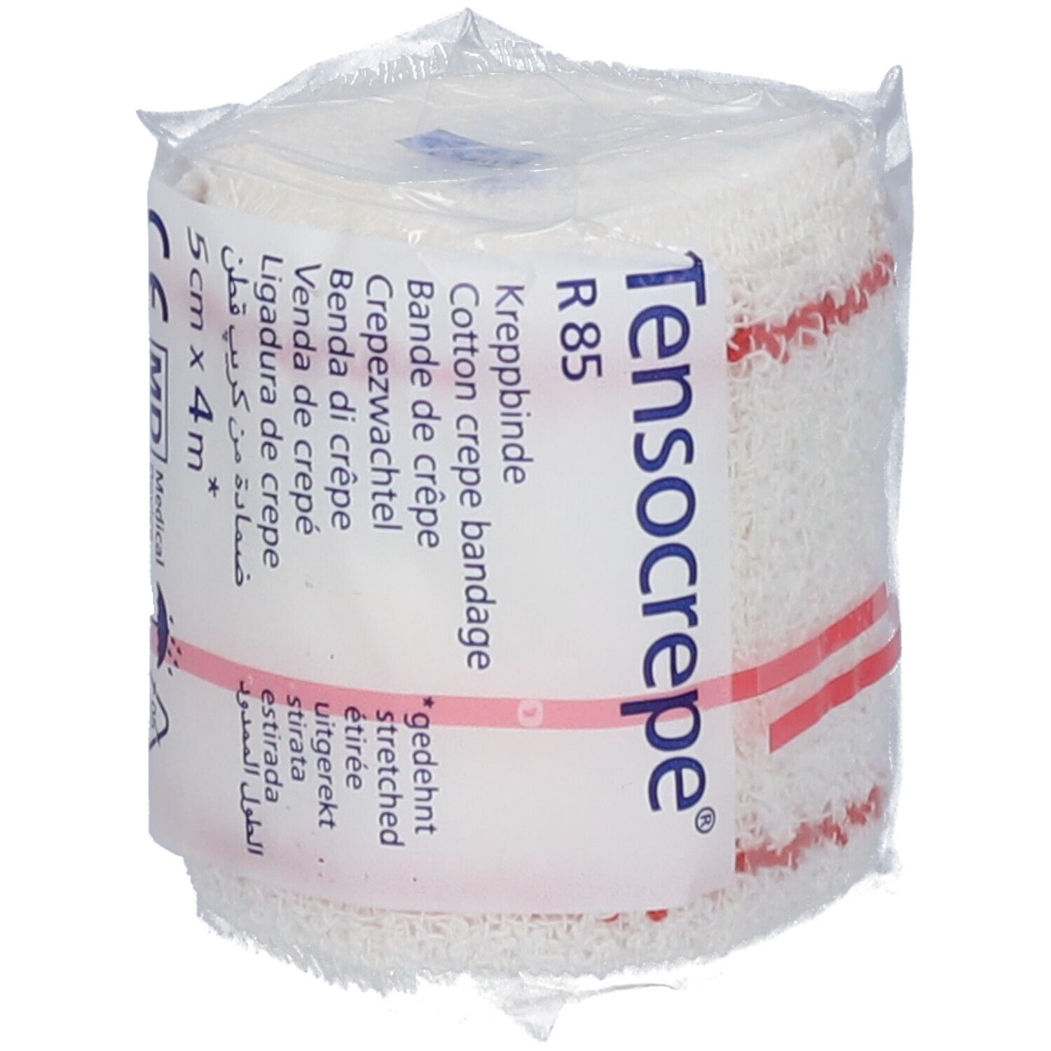 Bande de crêpe blanche roulée, rayures rouges. Inscription: 5cm x 4m, Tensocrepe, R85. Emballée.
