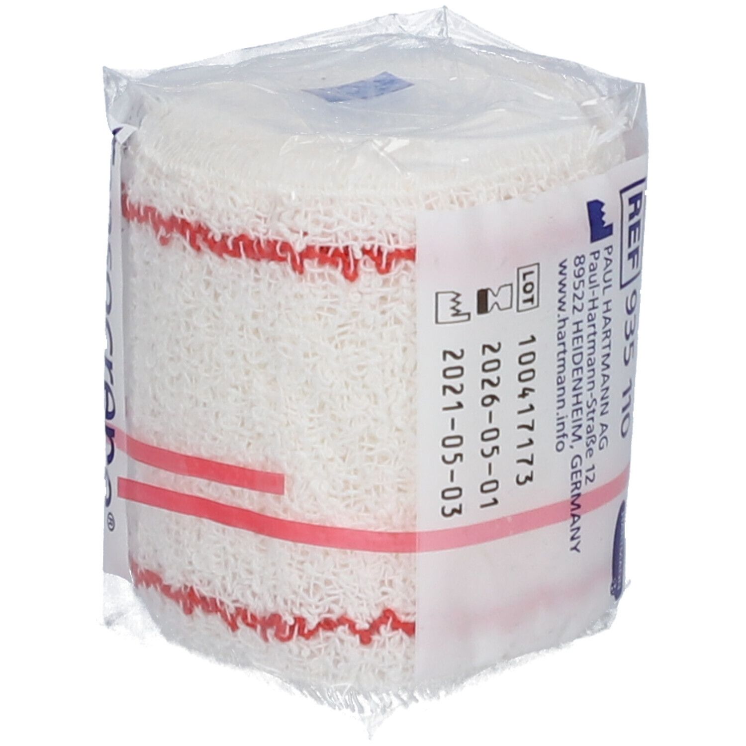 Bande de crêpe blanche roulée, rayures rouges. Inscription: REF 935 110. Date de péremption. Emballée.