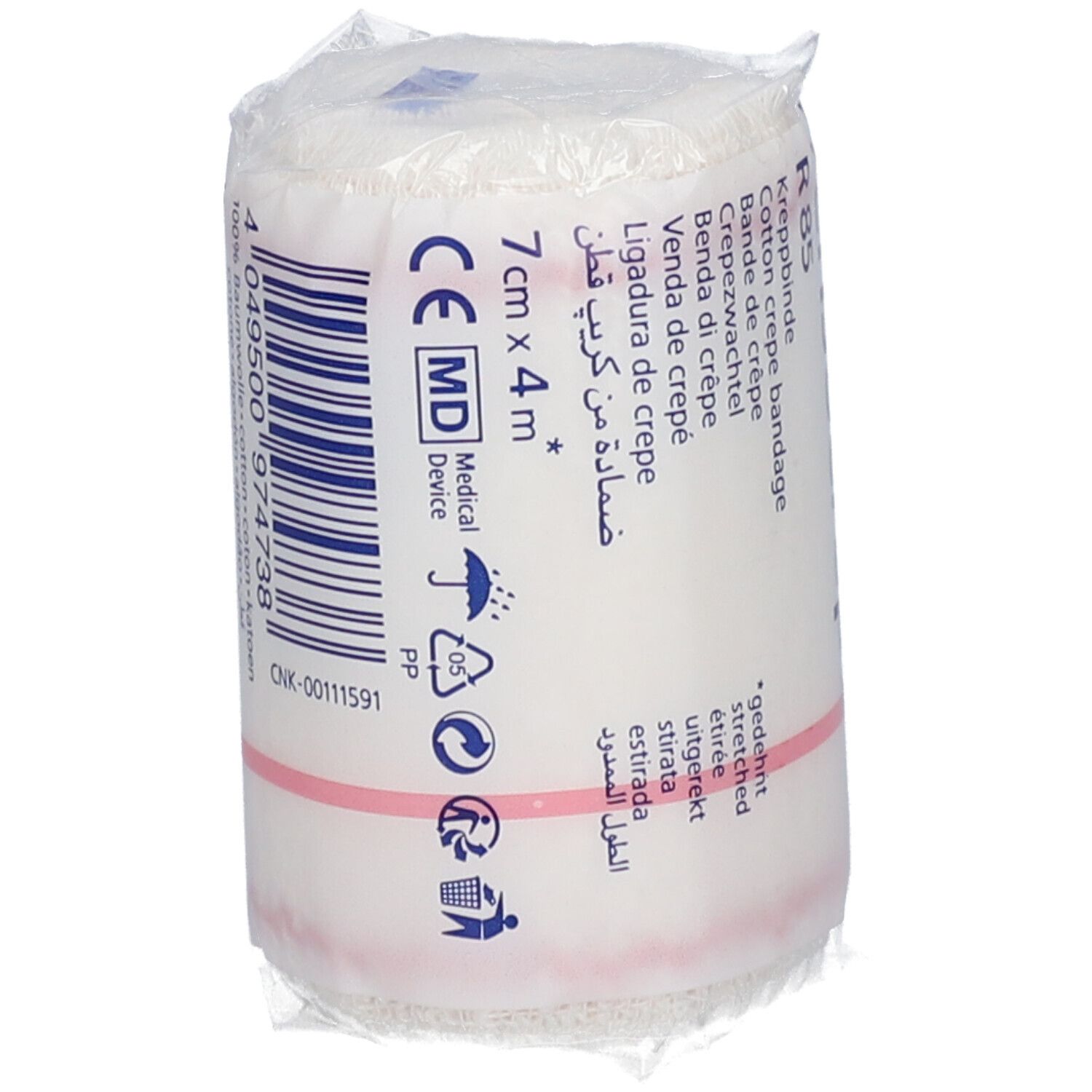 Tensocrepe, 7cm x 4m, bandage crêpe. Matériau de bandage blanc en film. Inscription: Tensocrepe. Dispositif médical.