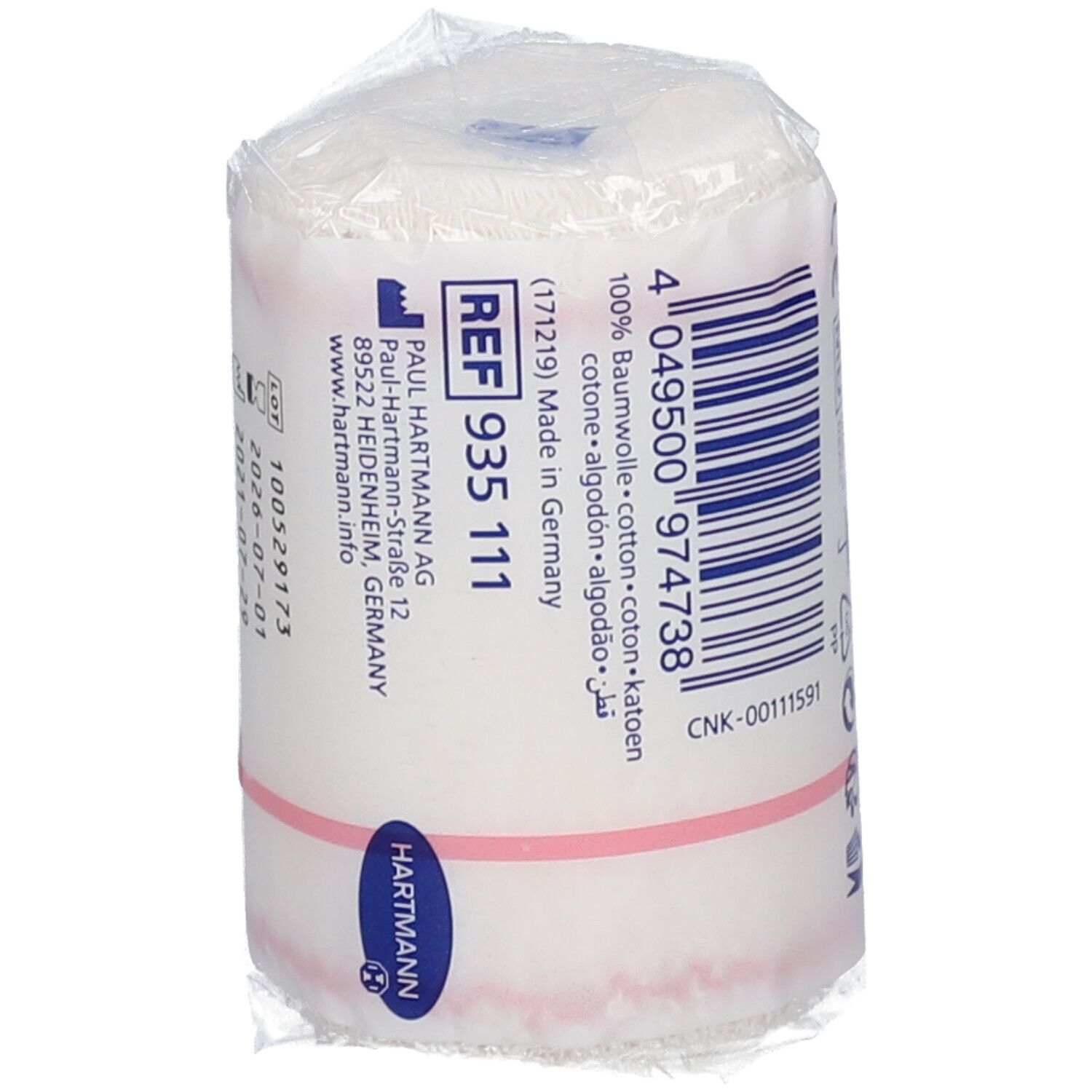 Tensocrepe, bandage crêpe. Matériau de bandage blanc en film. Inscription: Tensocrepe. Fabricant: Paul Hartmann AG. Code-barres.