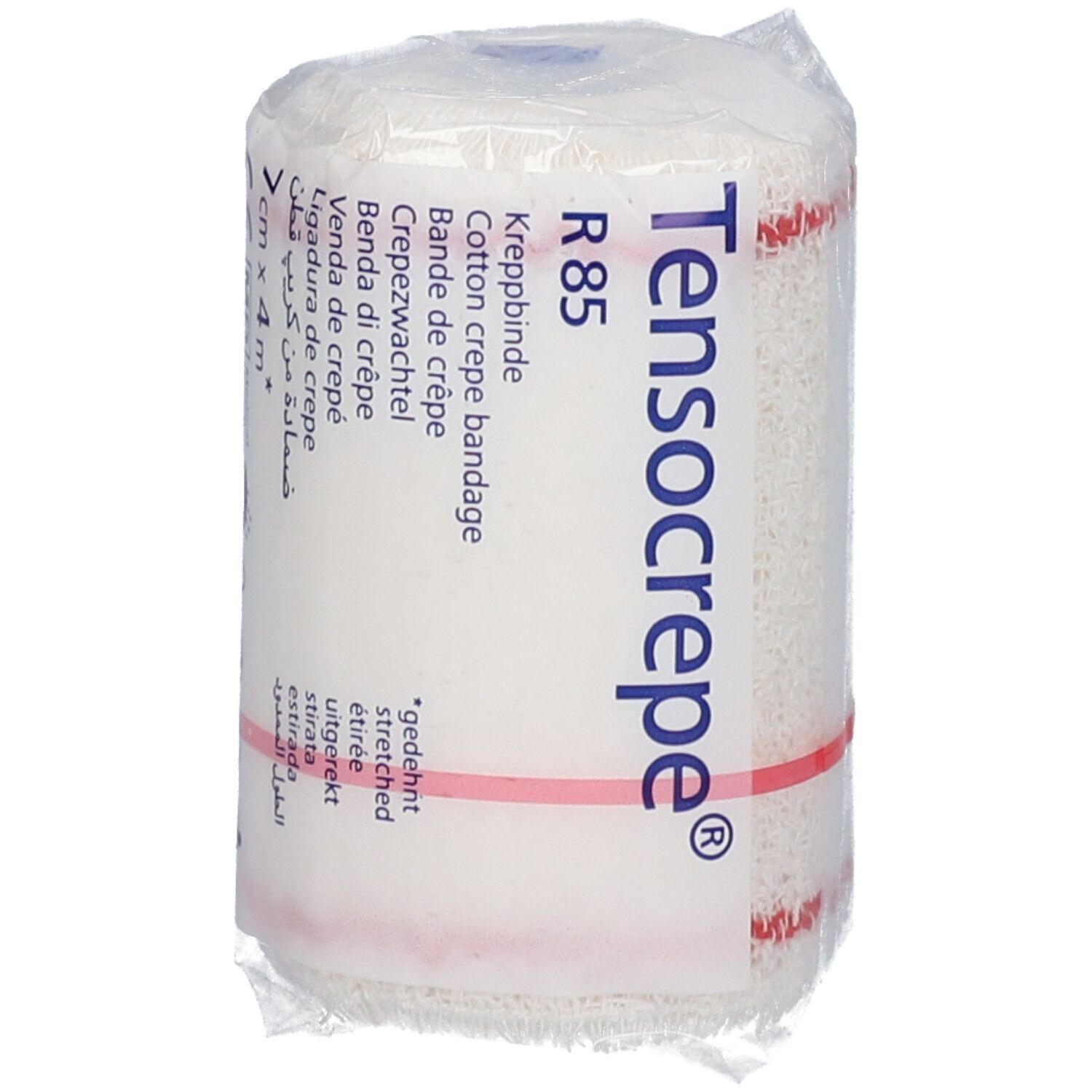 Tensocrepe R85, bandage crêpe. Matériau de bandage blanc emballé dans du film plastique. Bande rouge. Inscription: Tensocrepe.