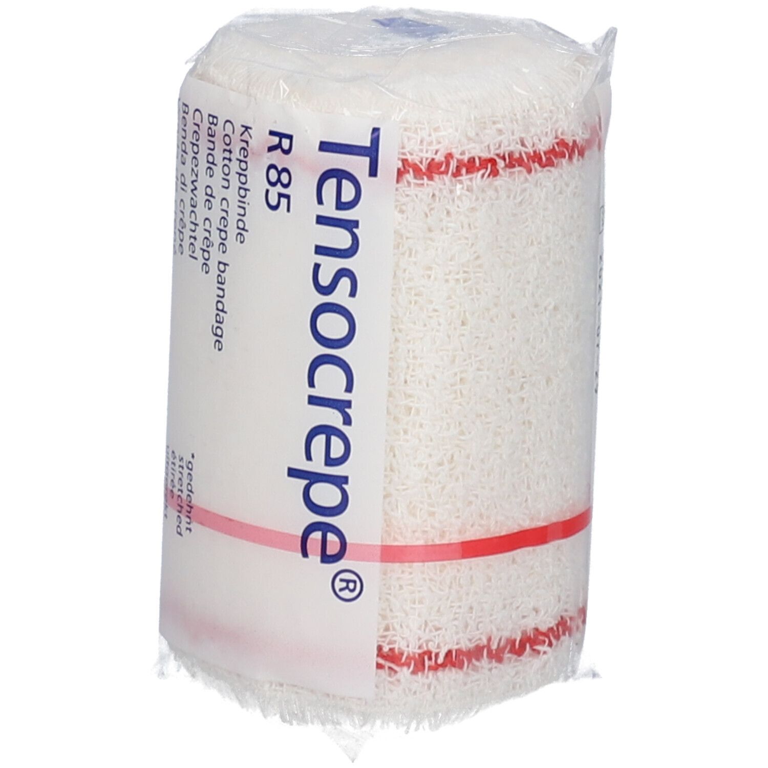 Tensocrepe, bandage crêpe. Matériau de bandage blanc emballé dans du film plastique. Bande rouge. Inscription: Tensocrepe.