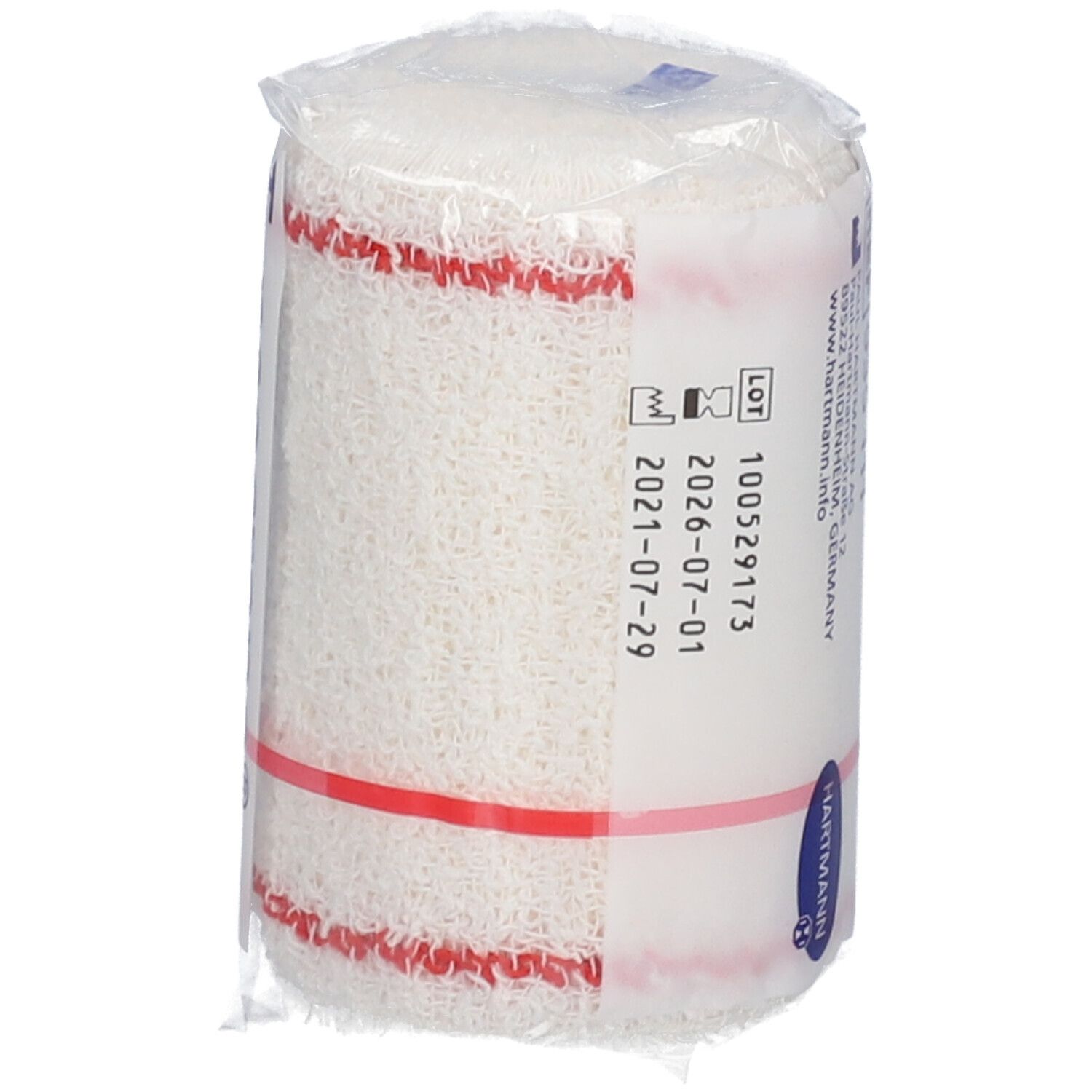 Tensocrepe, bandage crêpe. Matériau de bandage blanc emballé dans du film plastique. Bande rouge. Inscription: Tensocrepe. Date de péremption.