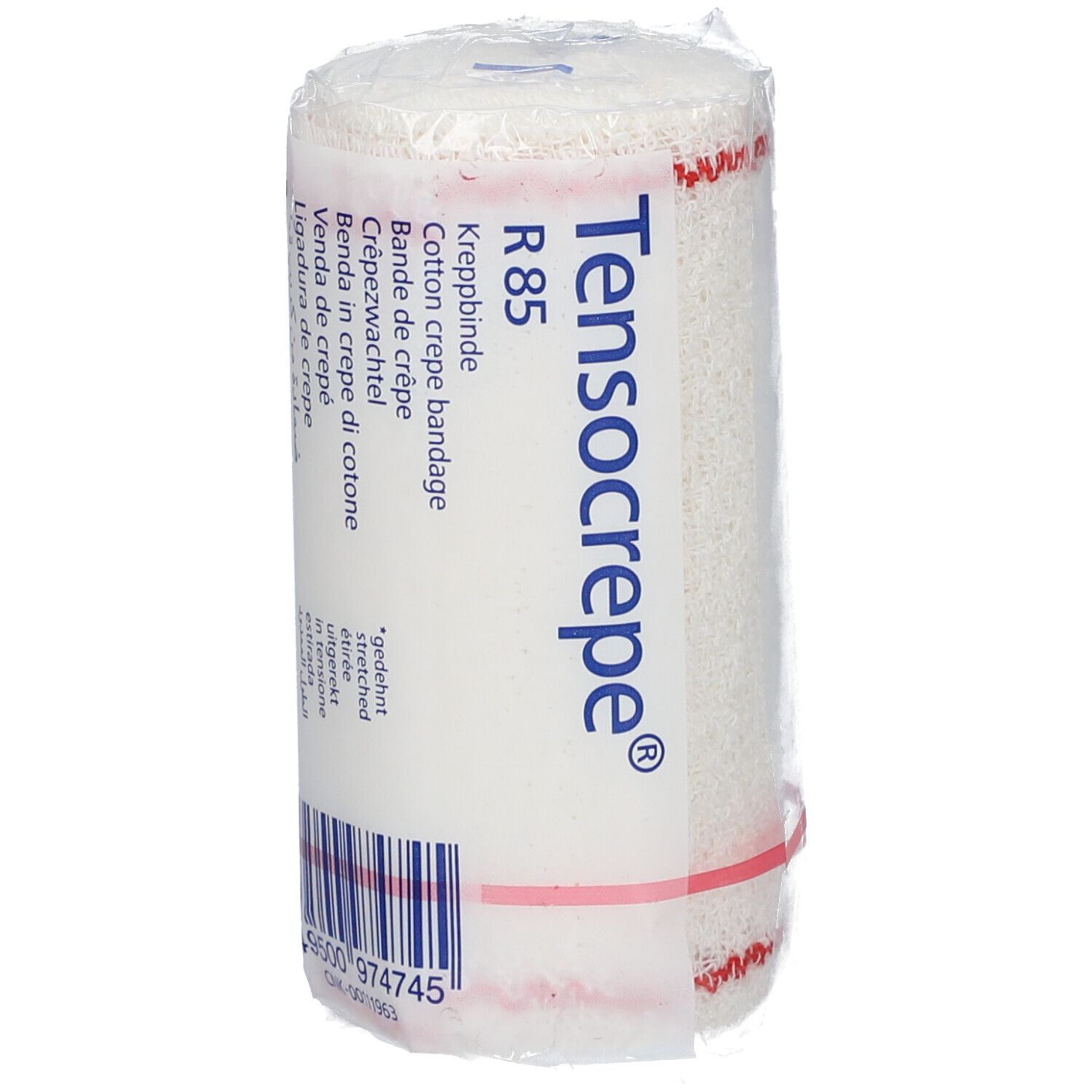 Rouleau de bandage crêpe blanc sous film. Inscription: Tensocrepe, R 85, coton. Bande rouge. Code-barres.