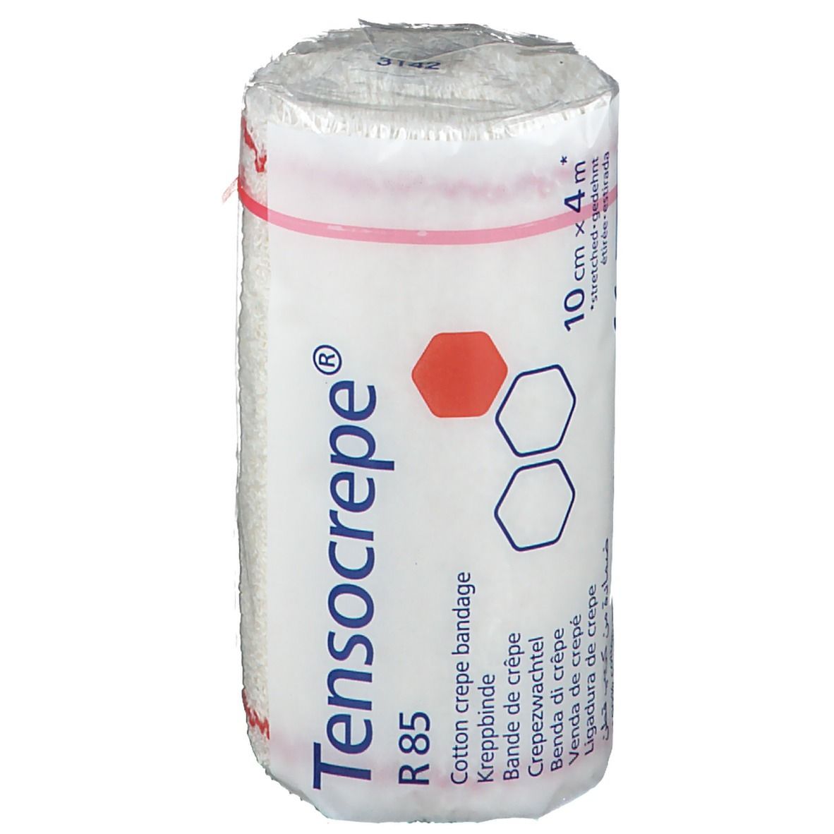 Rouleau de bandage crêpe blanc sous film. Inscription: Tensocrepe, R 85, coton. Bande rouge. Code-barres.