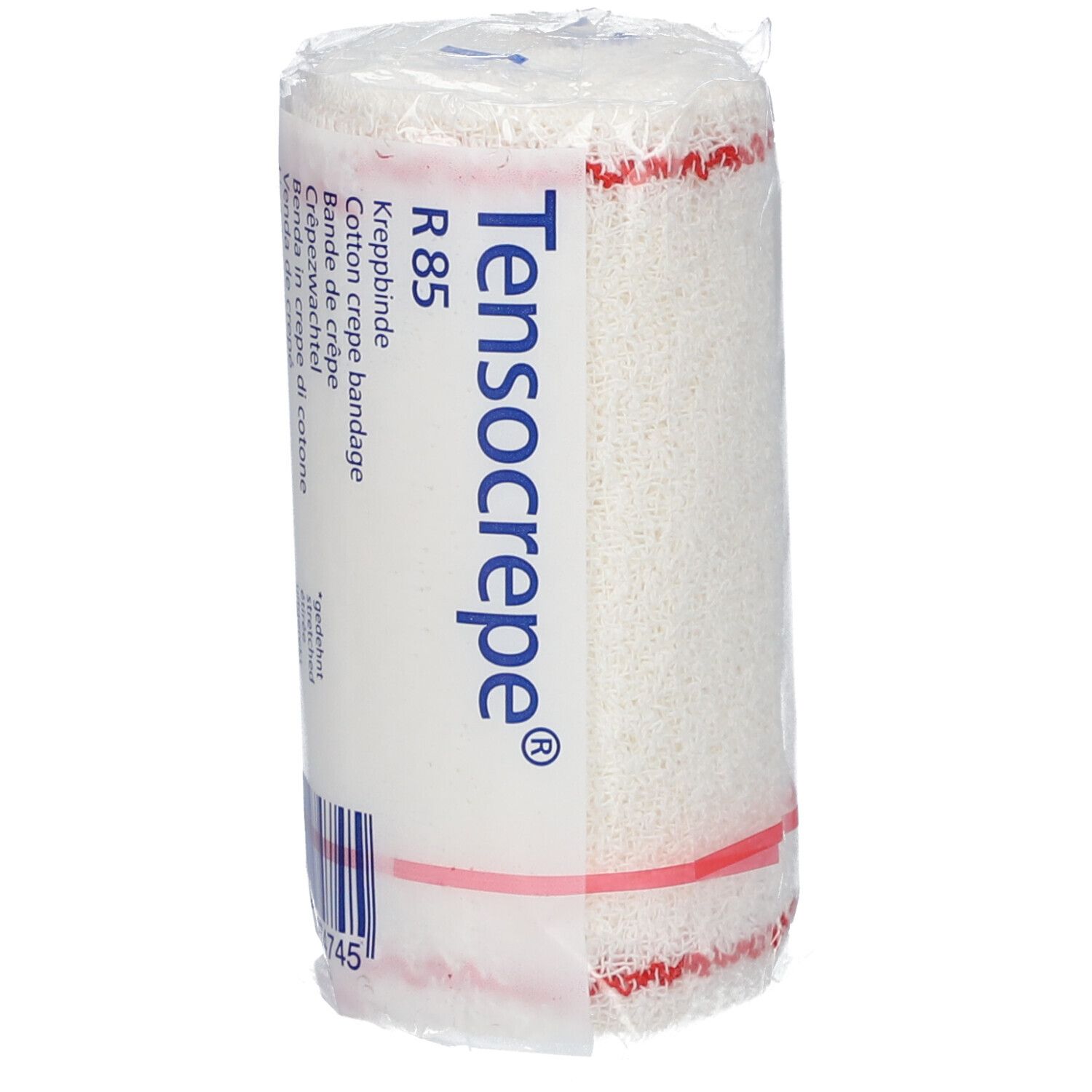 Rouleau de bandage crêpe blanc sous film. Inscription: Tensocrepe, R 85, coton. Bande rouge. Code-barres.