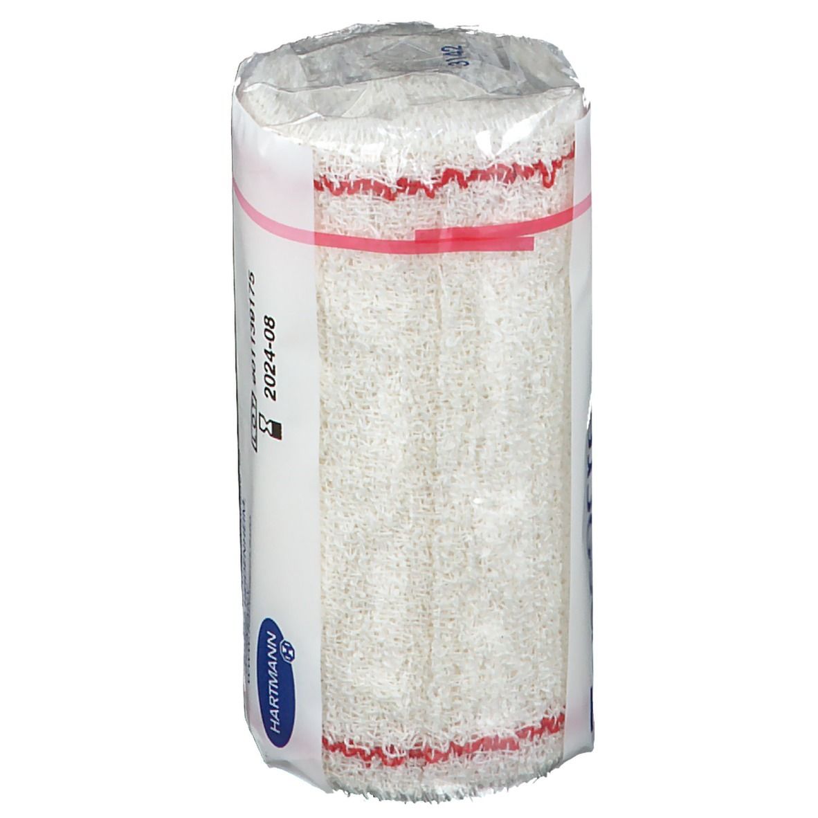 Rouleau de bandage crêpe blanc sous film. Inscription: Tensocrepe, R 85, coton. Bande rouge. Données de production.