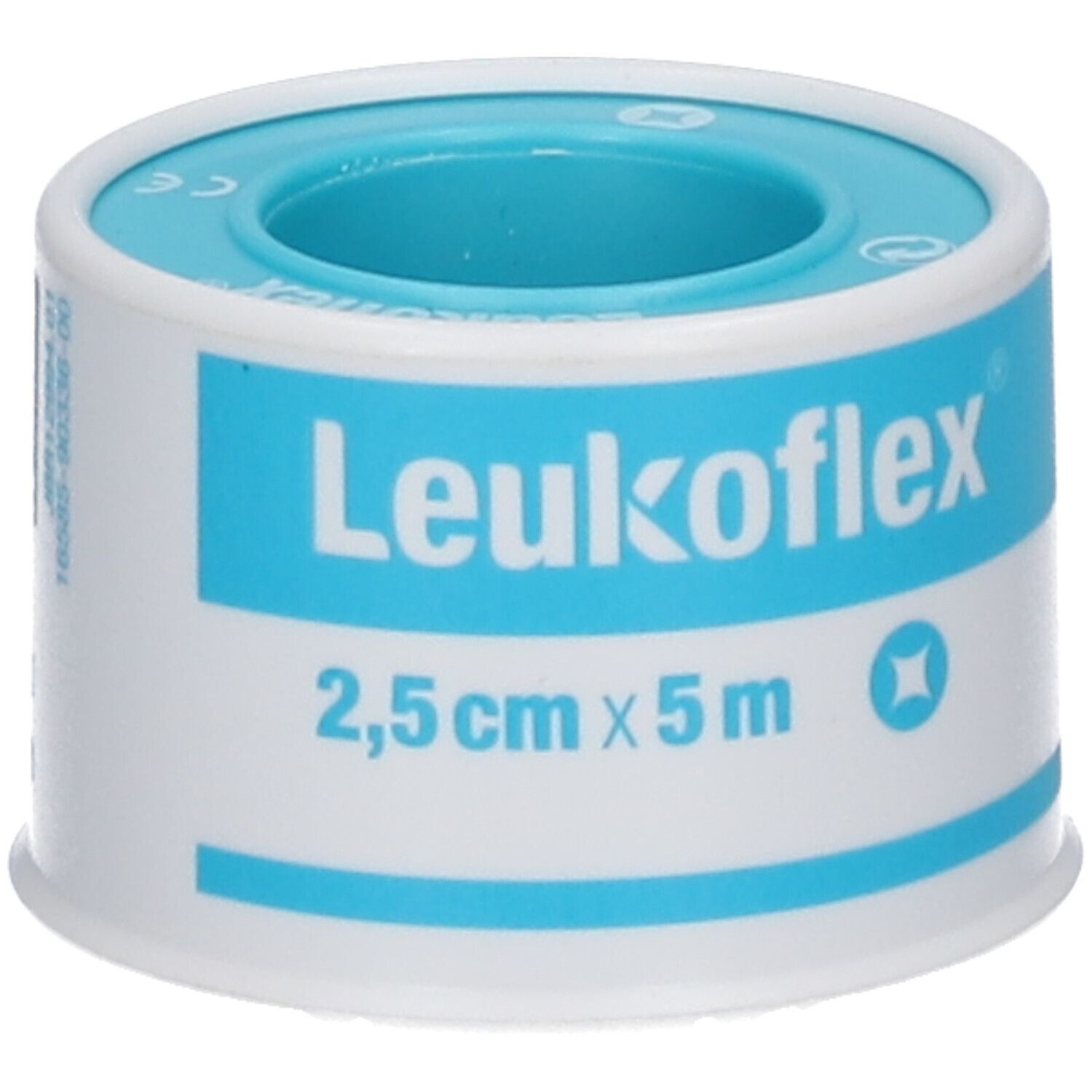 Rouleau de sparadrap Leukoflex®, 2,5 cm x 5 m, avec mandrin bleu et bandes bleues.