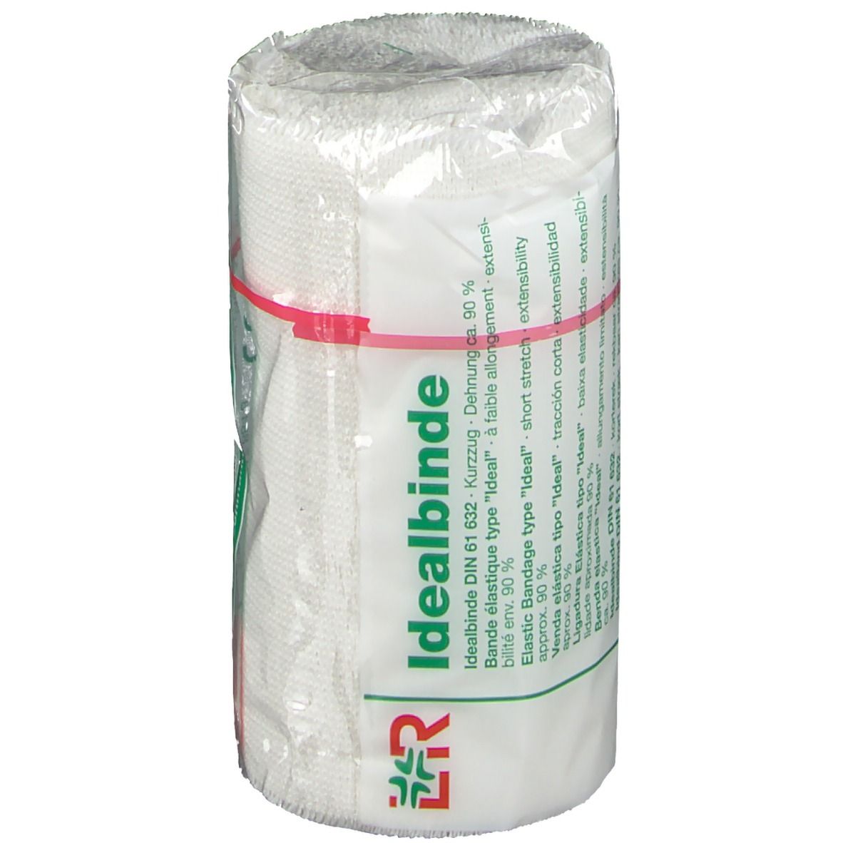 Bande élastique Idealbinde, 10 cm x 5 m, emballée dans du film plastique. Fixée avec un élastique rouge.