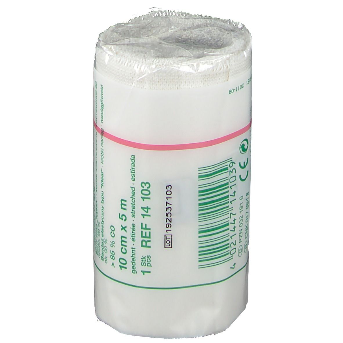 Bande élastique Idealbinde, 10 cm x 5 m, emballée dans du film plastique. Fixée avec un élastique rouge.