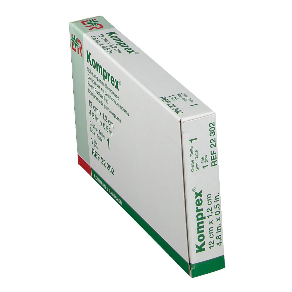 Vue oblique de l'emballage Komprex. Taille 1, 12 cm x 1,2 cm. REF 22 302. Emballage vert et blanc.