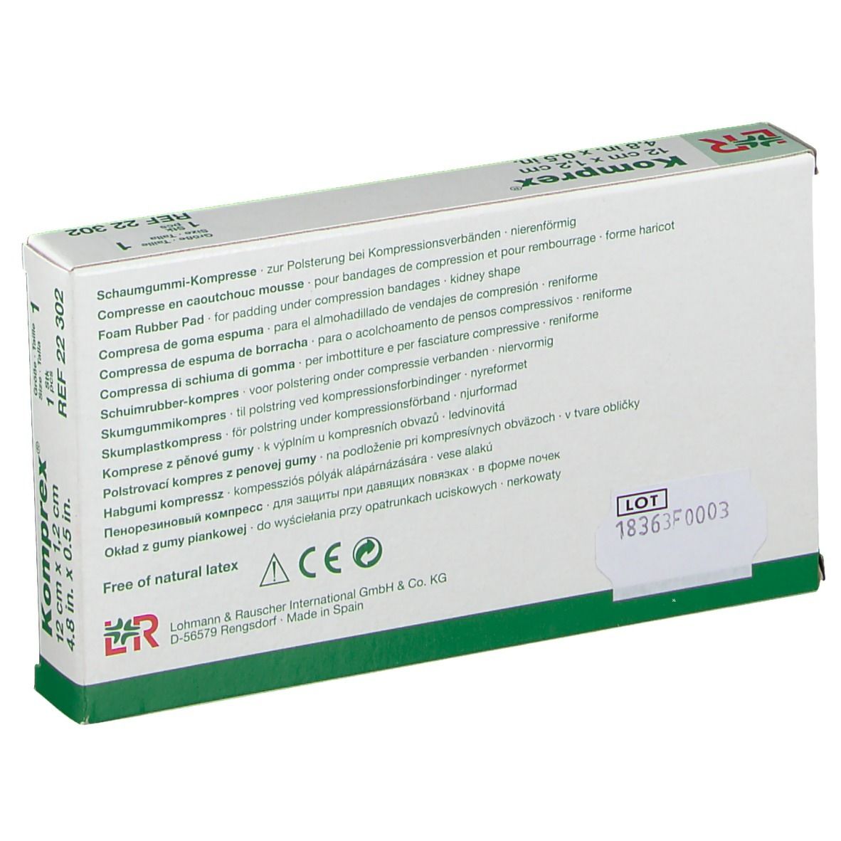 Dos de l'emballage Komprex. Informations produit multilingues. Taille 1, REF 22 302.