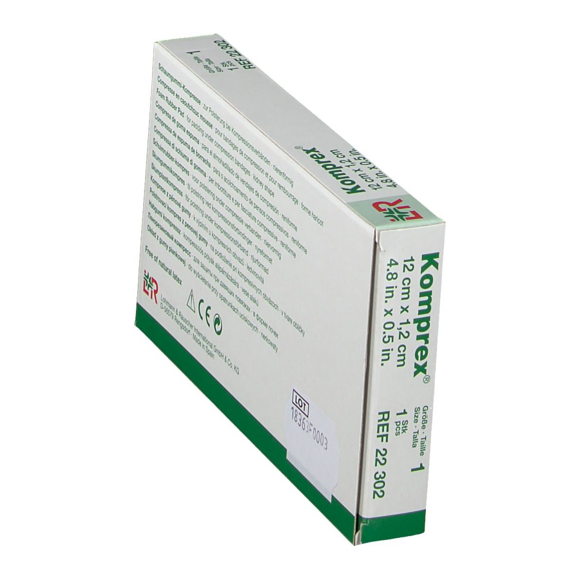 Vue oblique de l'emballage Komprex. Informations produit au dos. Taille 1, REF 22 302.