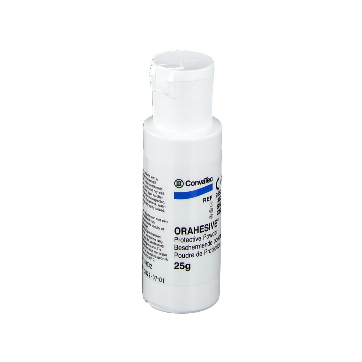 Flacon blanc Orahesive, nom du produit et 25g. Marquage CE.