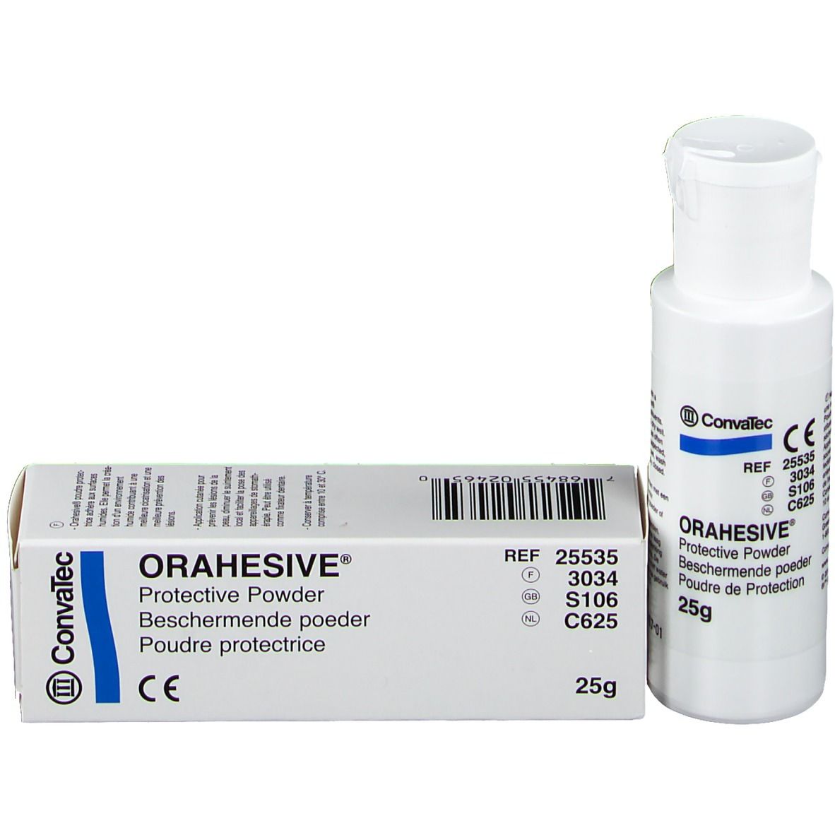 Flacon et boîte Orahesive. Nom du produit, 25g. Marquage CE.