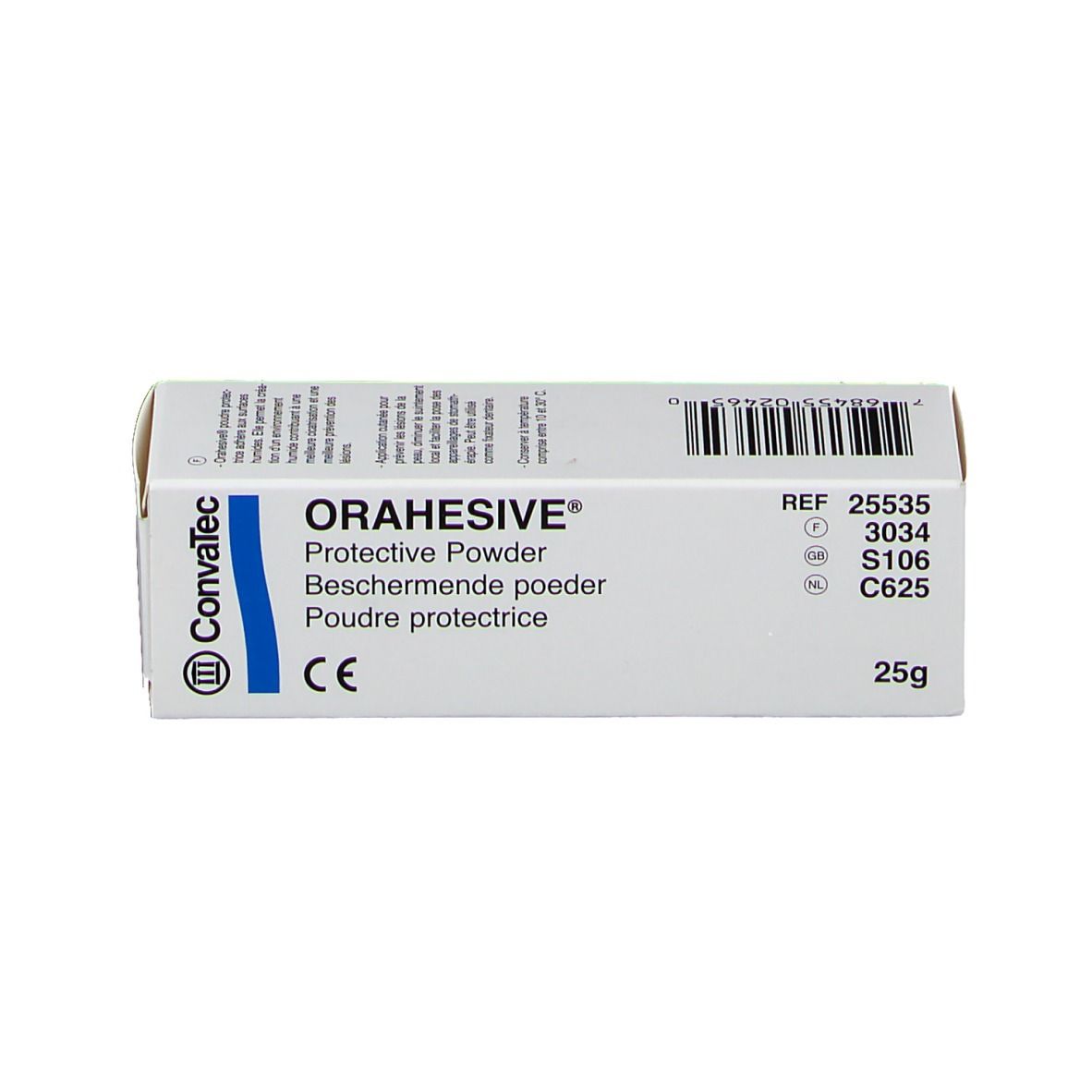 Boîte Orahesive. Nom du produit, 25g. Marquage CE.