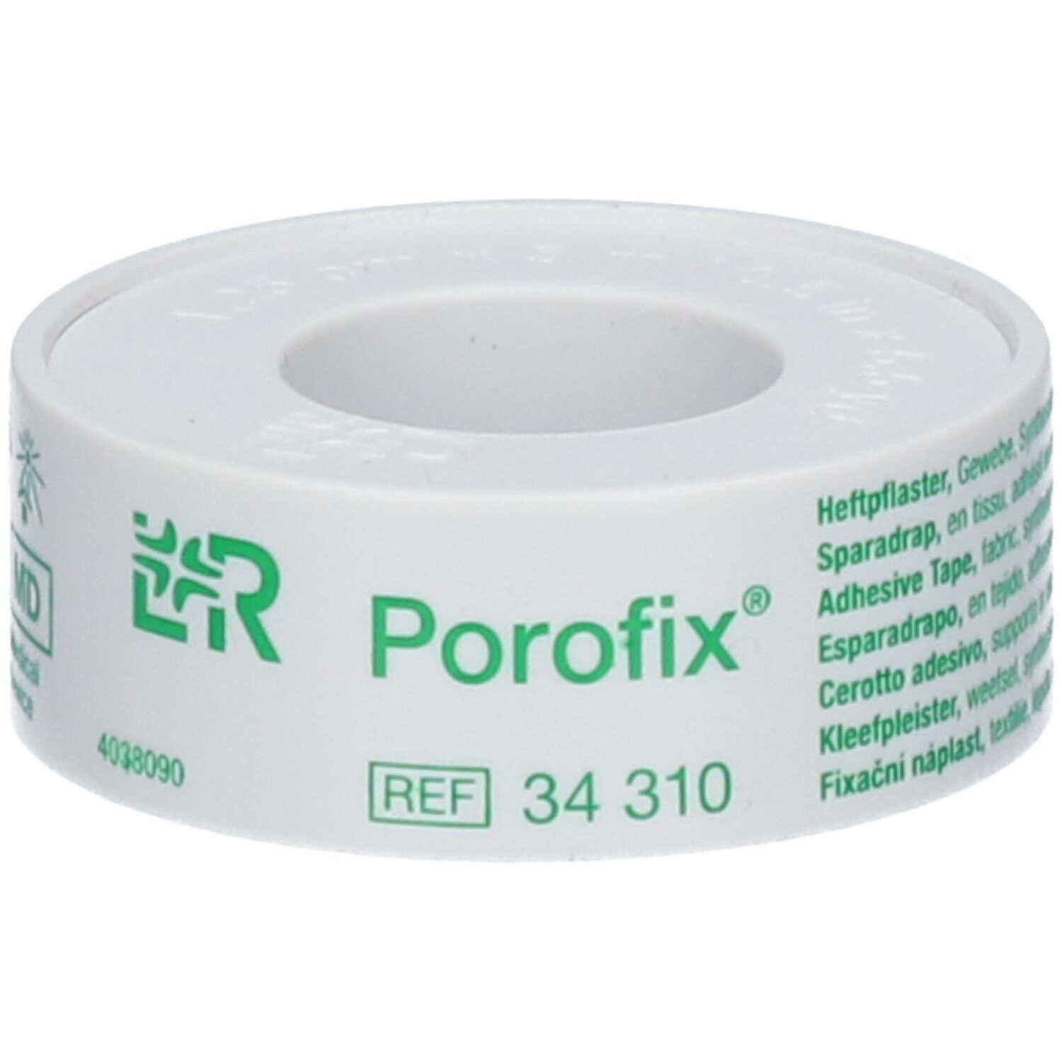 Rouleau de sparadrap Porofix®. Ruban blanc avec logo et texte verts. REF 34 310.