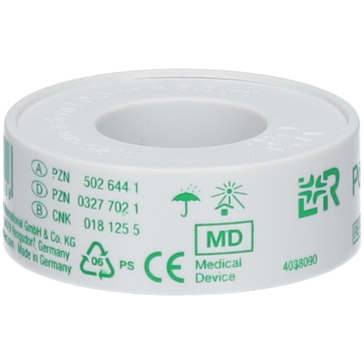 Rouleau de sparadrap. Ruban blanc avec logo vert, texte et numéros PZN. Marquage MD Medical Device.
