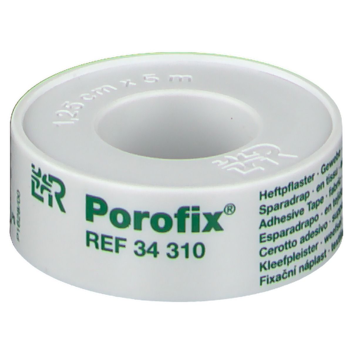 Rouleau de sparadrap Porofix®. Ruban blanc avec logo et texte verts. REF 34 310.