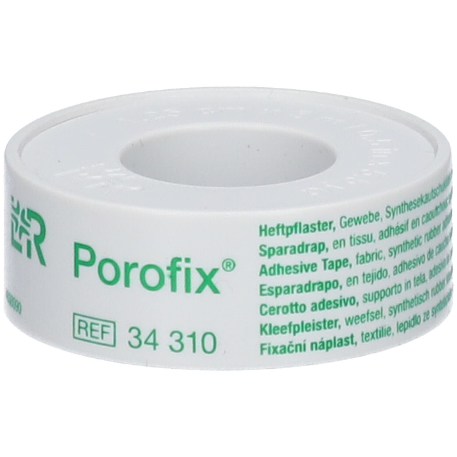 Rouleau de sparadrap Porofix®. Ruban blanc avec logo et texte verts. REF 34 310.