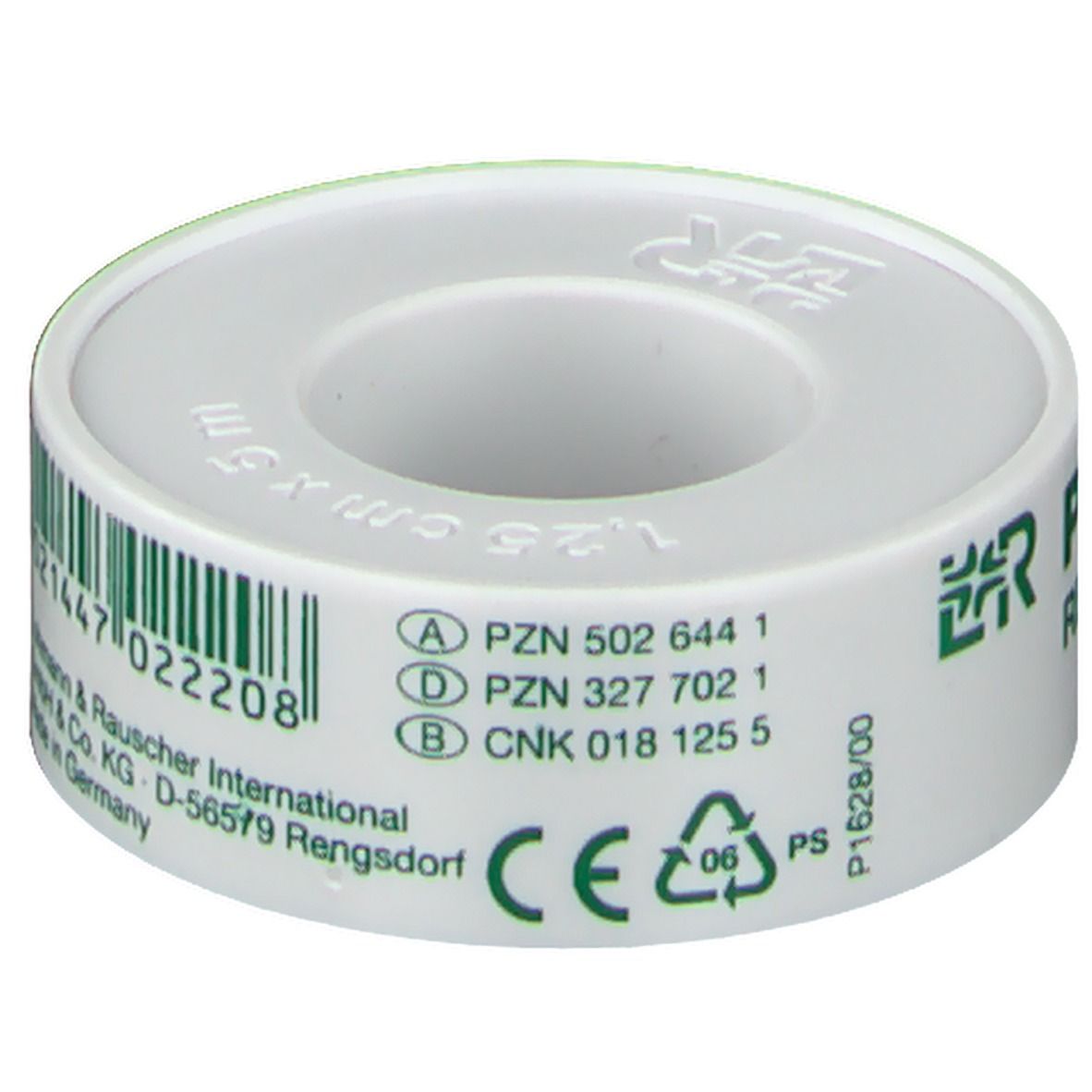 Rouleau de sparadrap. Ruban blanc avec logo et texte verts. Impression: sparadrap, tissu, caoutchouc synthétique.